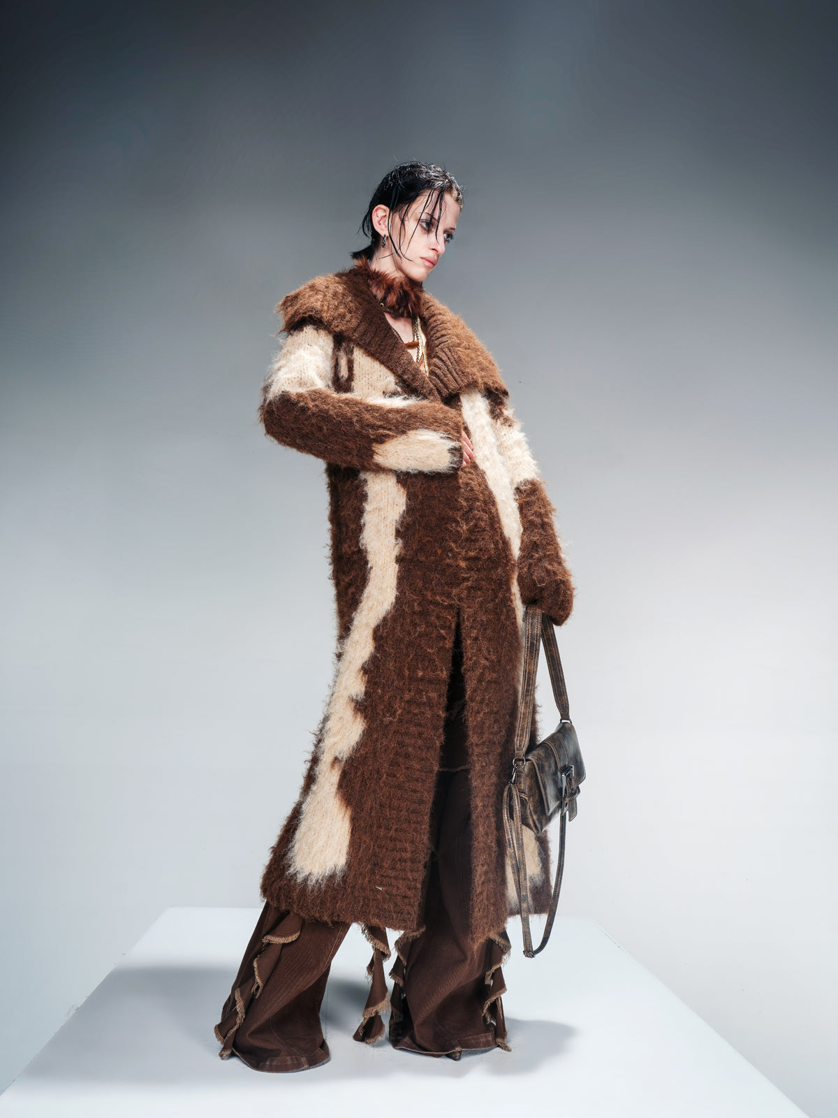 NN NORTH NODE Long Knit Cardigan With Brushed Texture And Shawl Collar