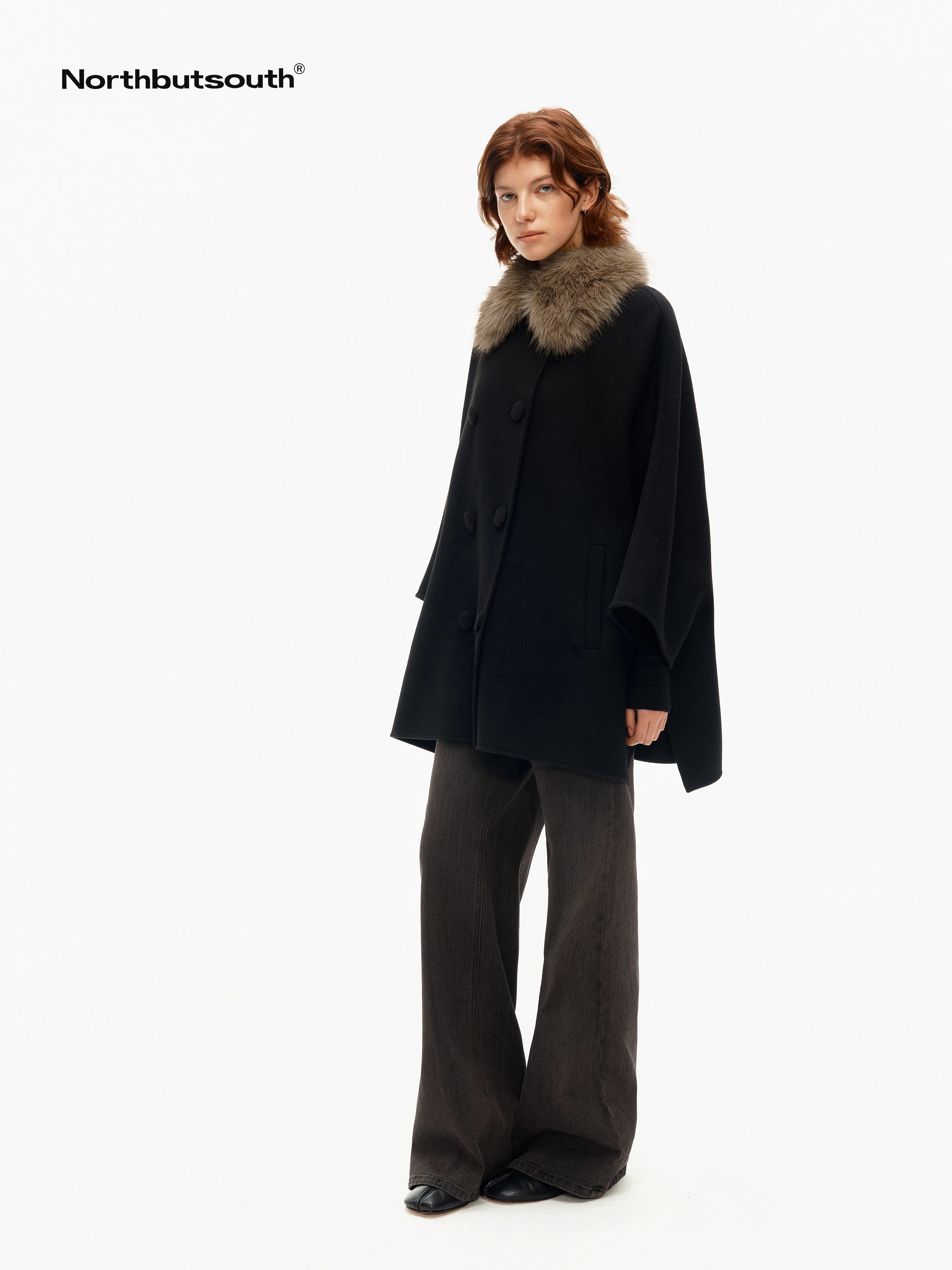 Detachable Fur Collar Cape Batwing Women&