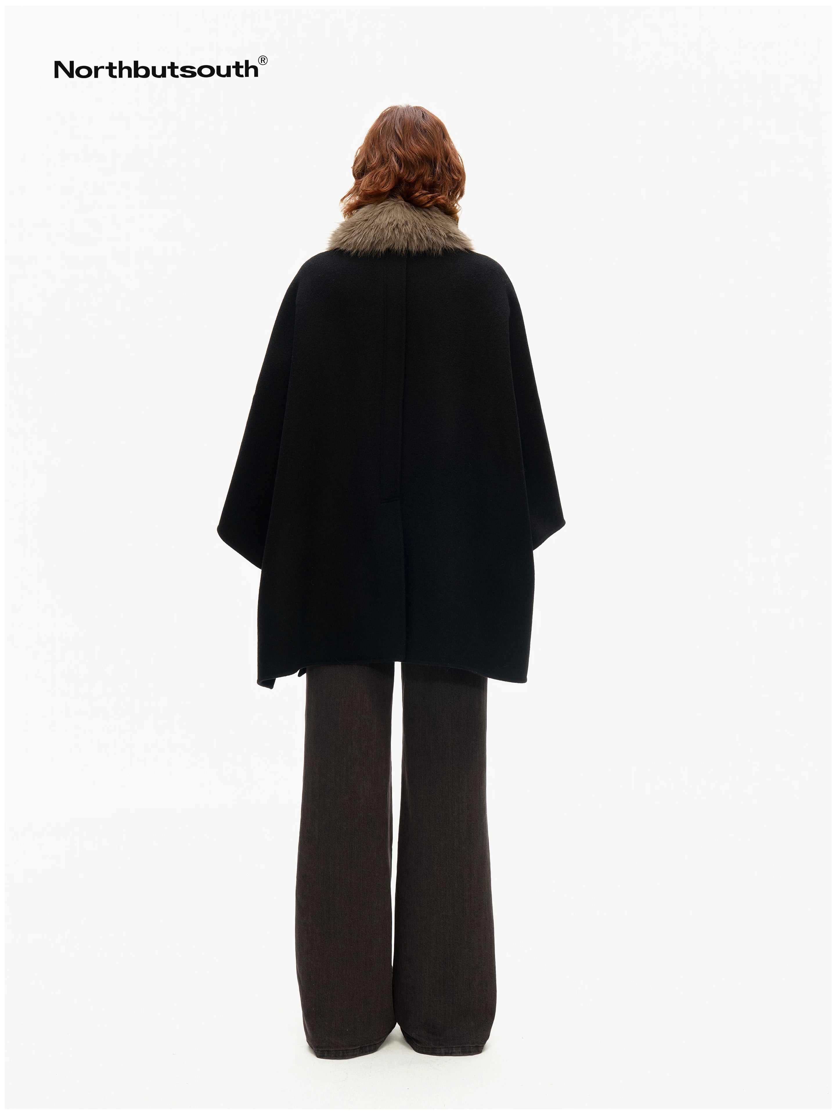 Detachable Fur Collar Cape Batwing Women&