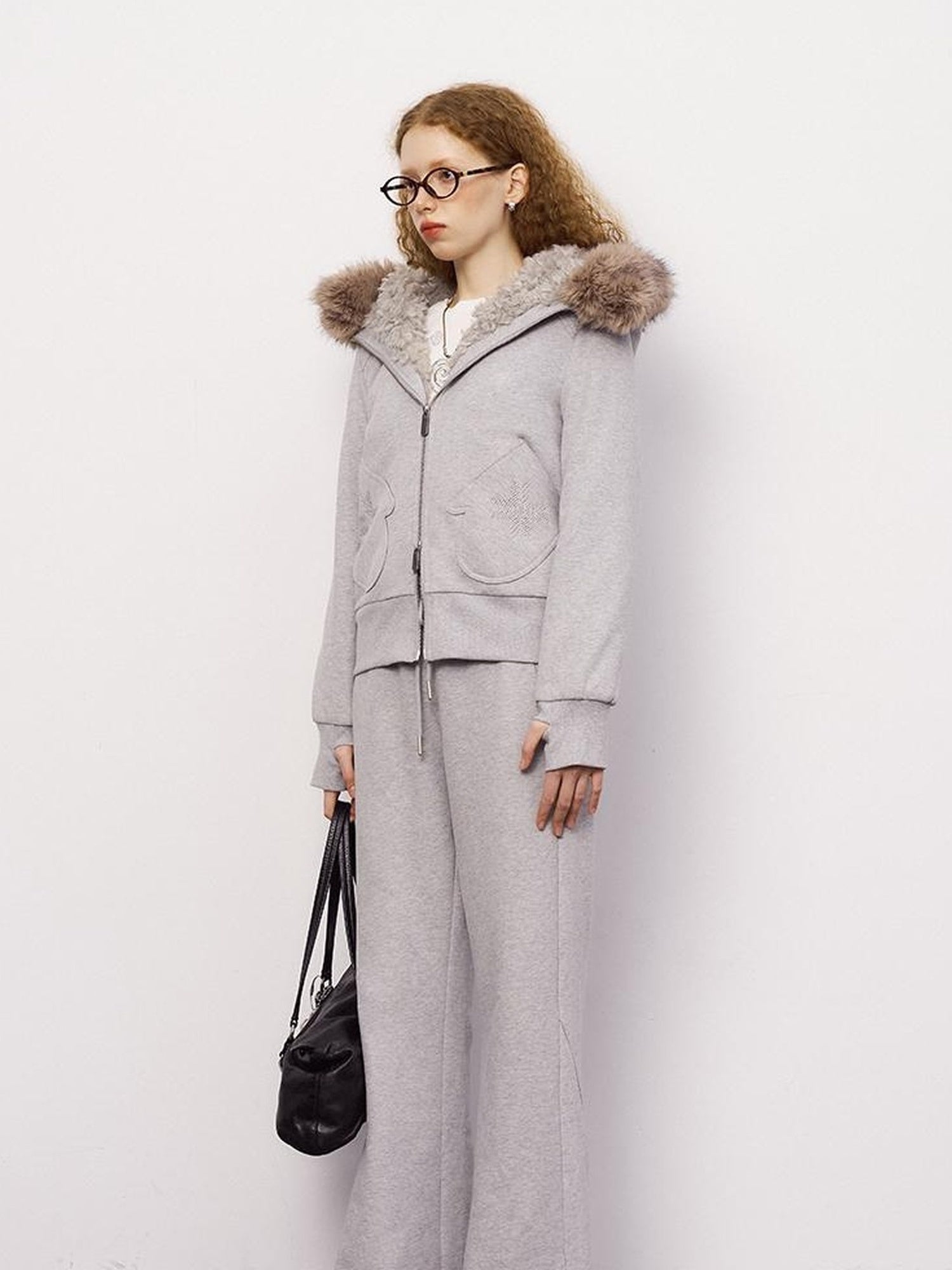 DIDDI MODA Detachable Fur Hood Snowflake Pocket Fleece Hoodie Set