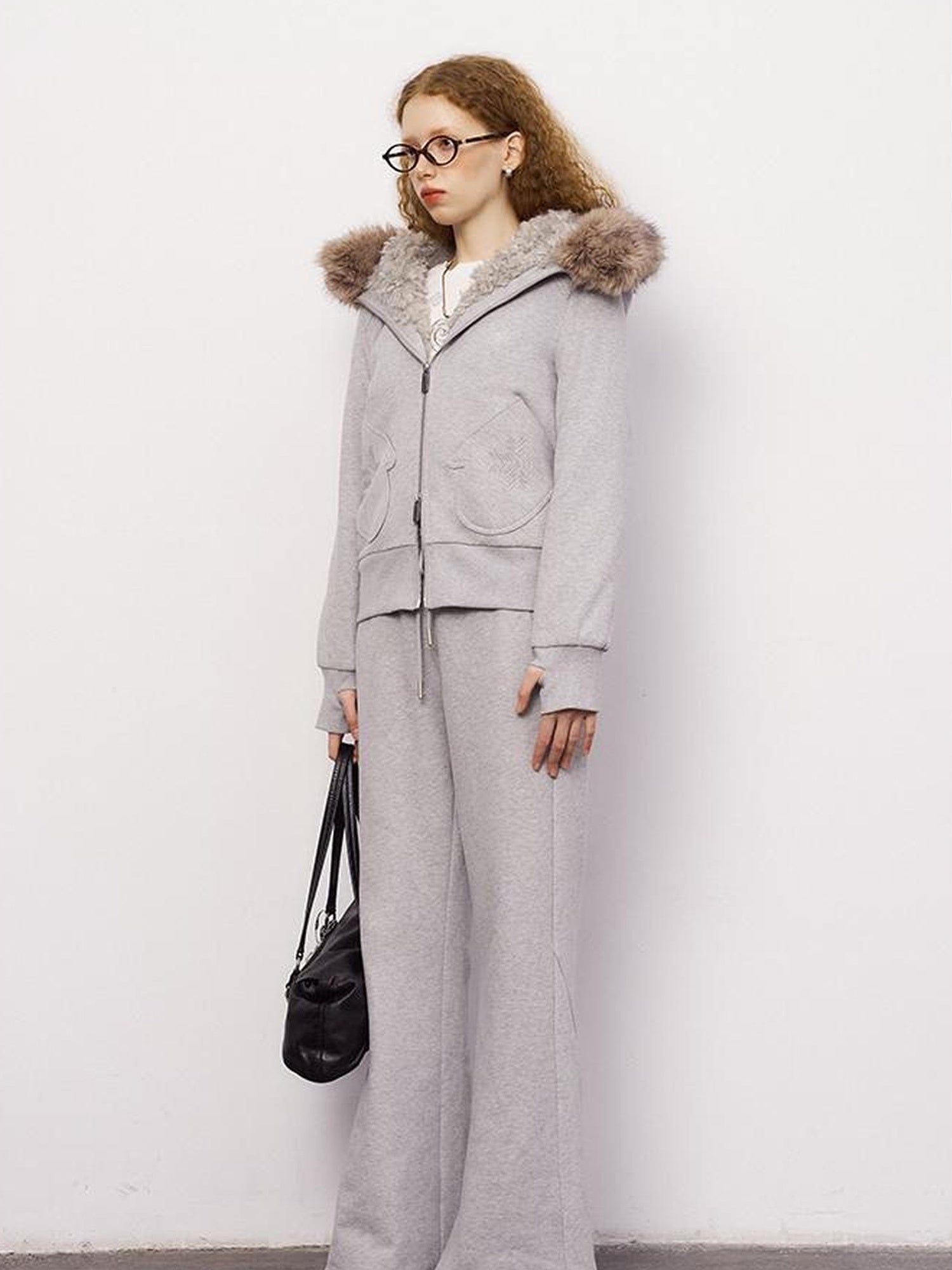 DIDDI MODA Detachable Fur Hood Snowflake Pocket Fleece Hoodie Set