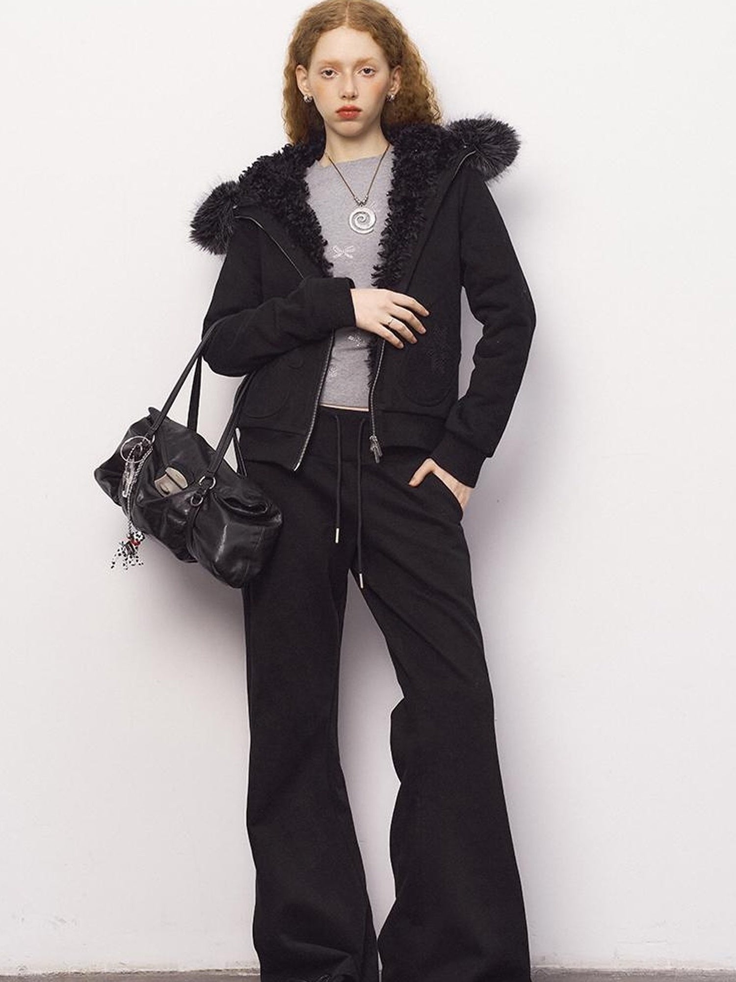 DIDDI MODA Detachable Fur Hood Snowflake Pocket Fleece Hoodie Set