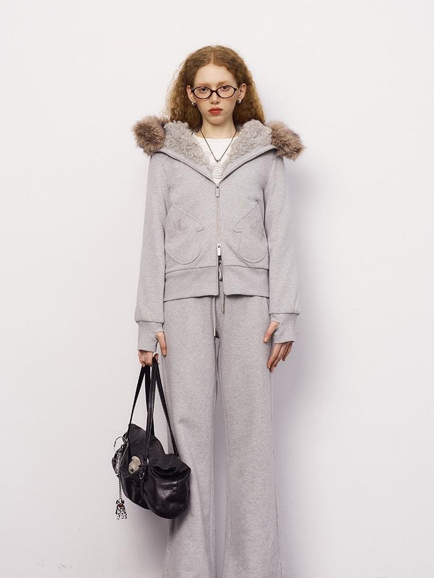 DIDDI MODA Detachable Fur Hood Snowflake Pocket Fleece Hoodie Set