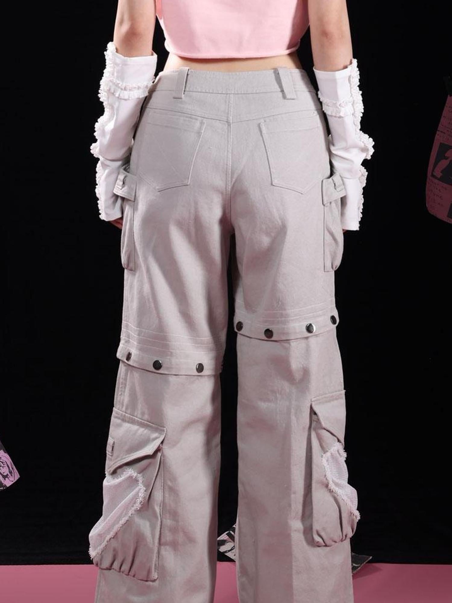 WSW WUSHENWU Detachable Grey Rivet Industrial Jeans