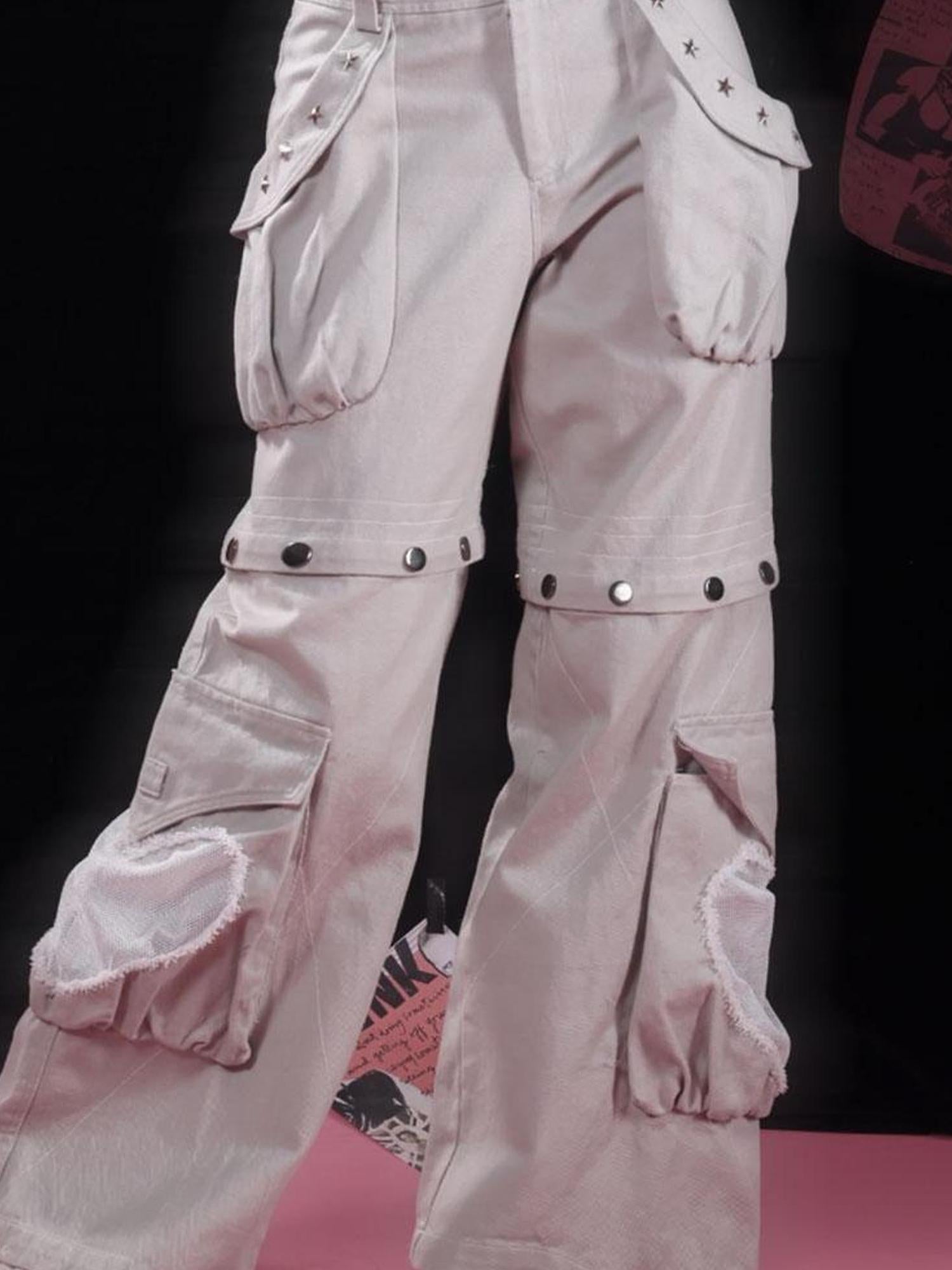 WSW WUSHENWU Detachable Grey Rivet Industrial Jeans