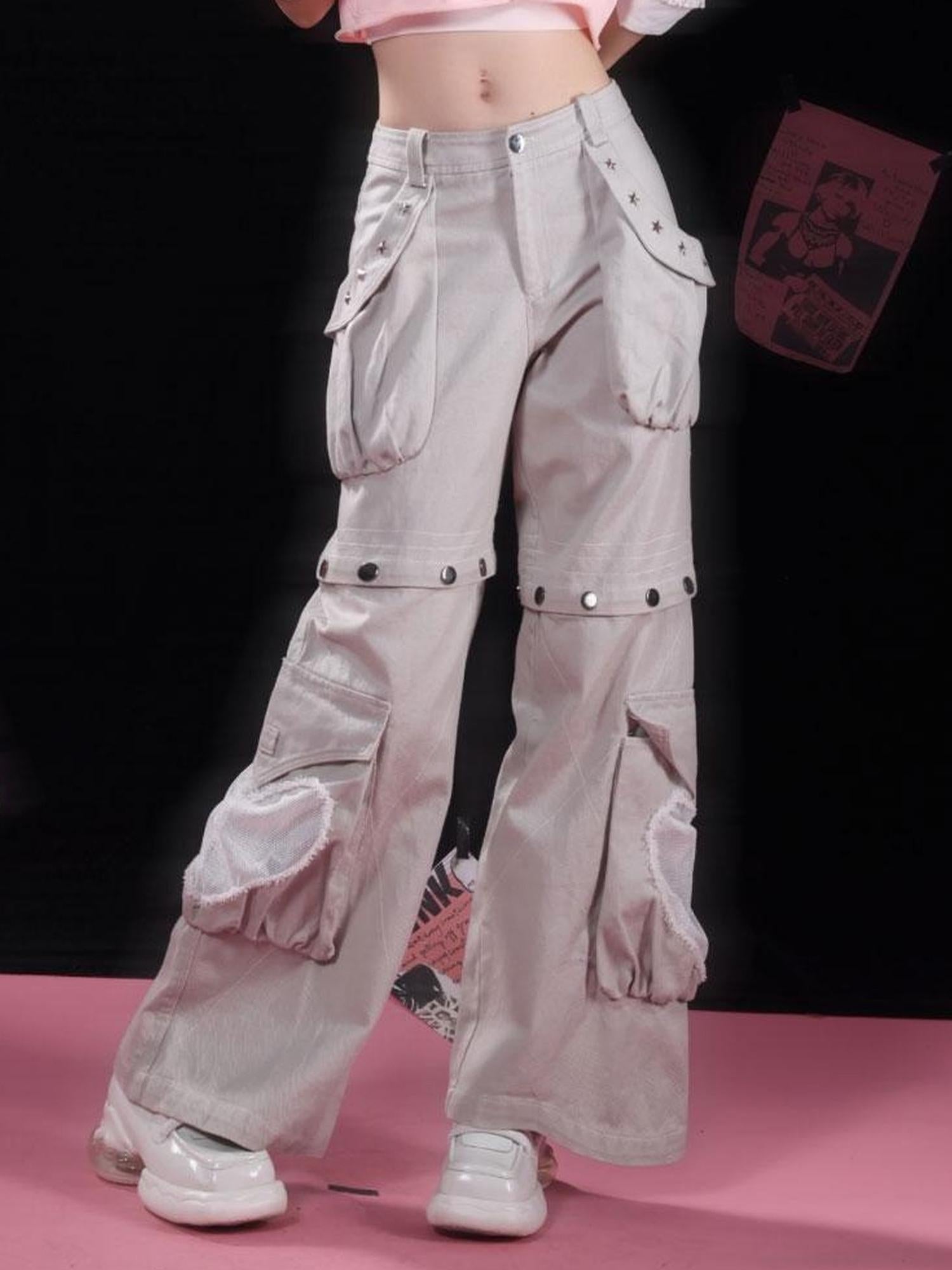 WSW WUSHENWU Detachable Grey Rivet Industrial Jeans