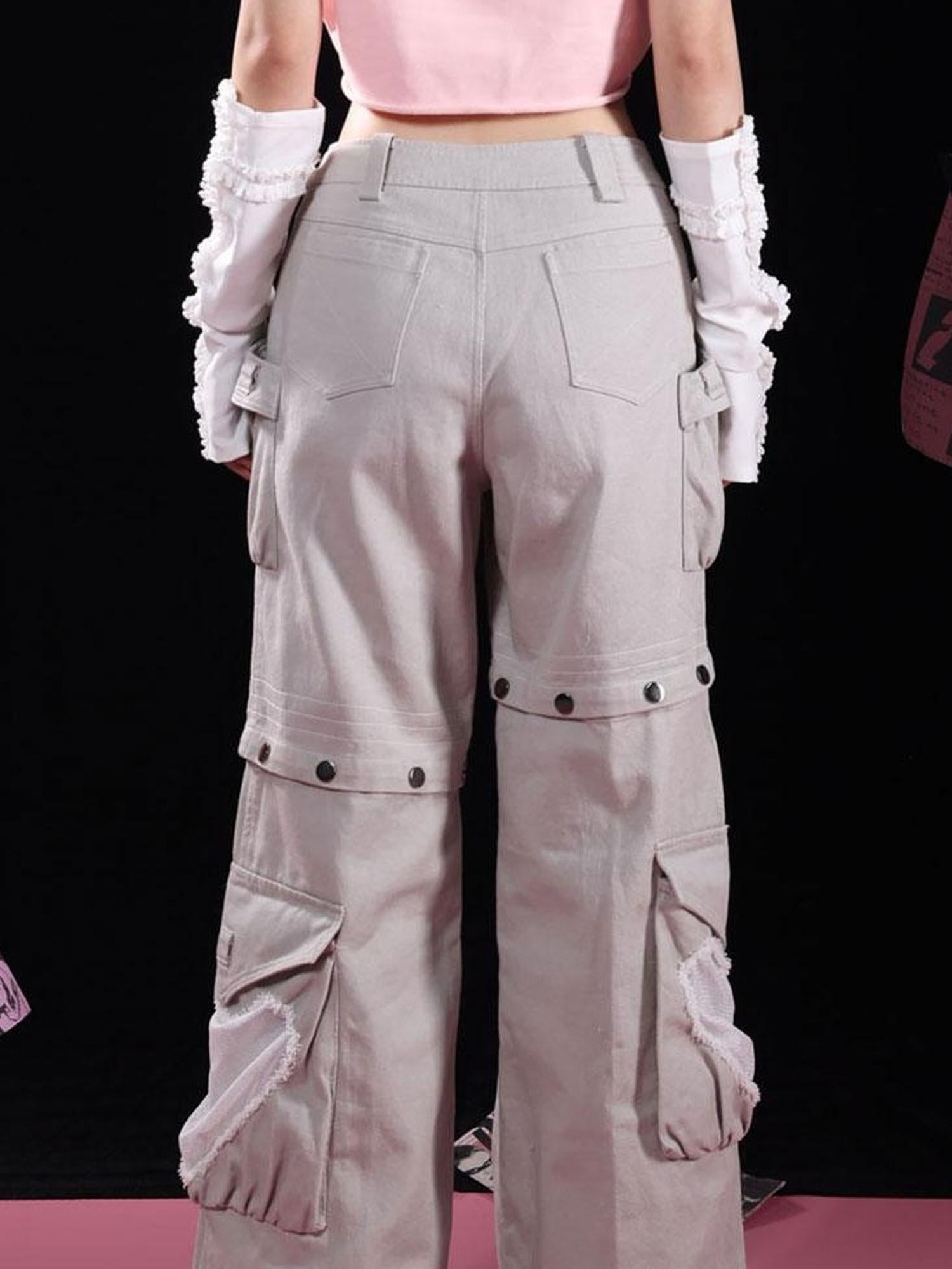 WSW WUSHENWU Detachable Grey Rivet Industrial Jeans