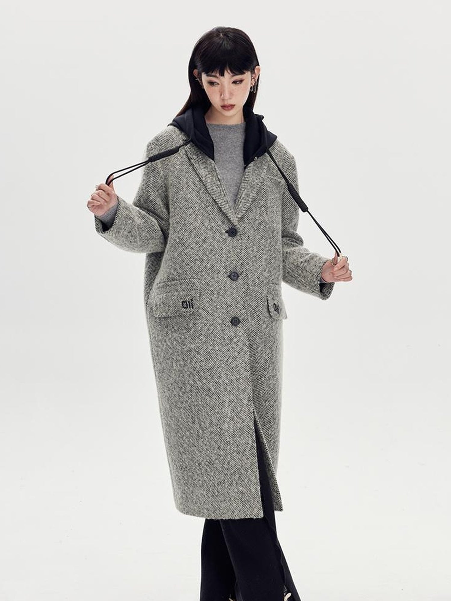 DIDDI MODA Detachable Hood Wool Blend Trench Coat