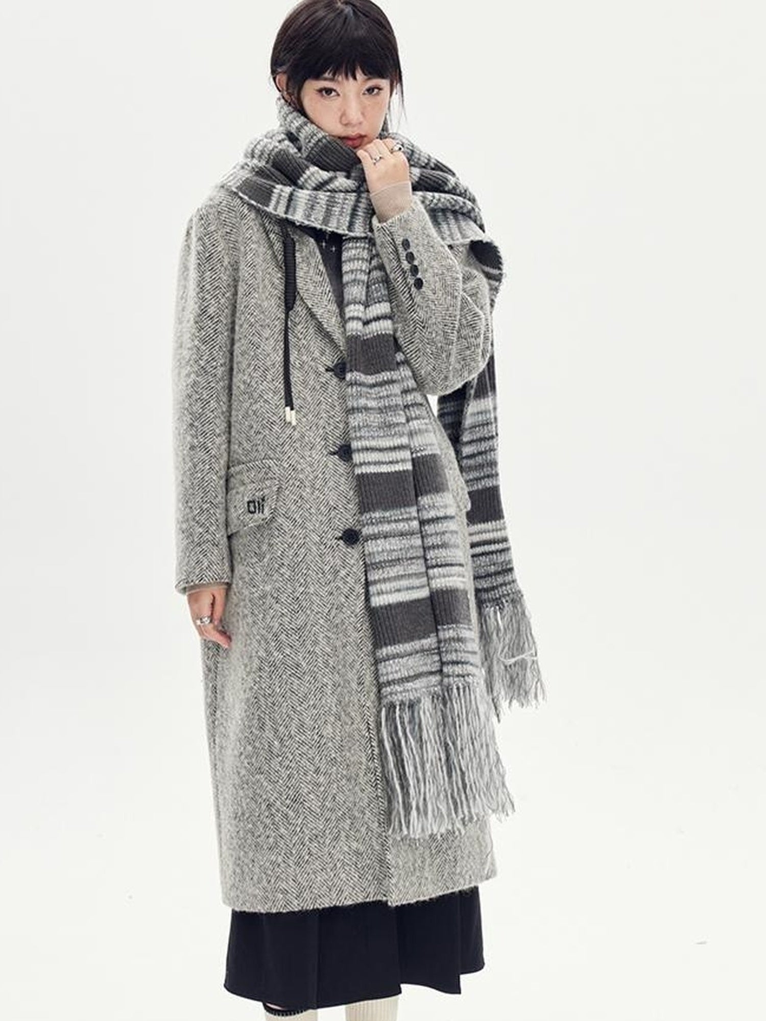DIDDI MODA Detachable Hood Wool Blend Trench Coat