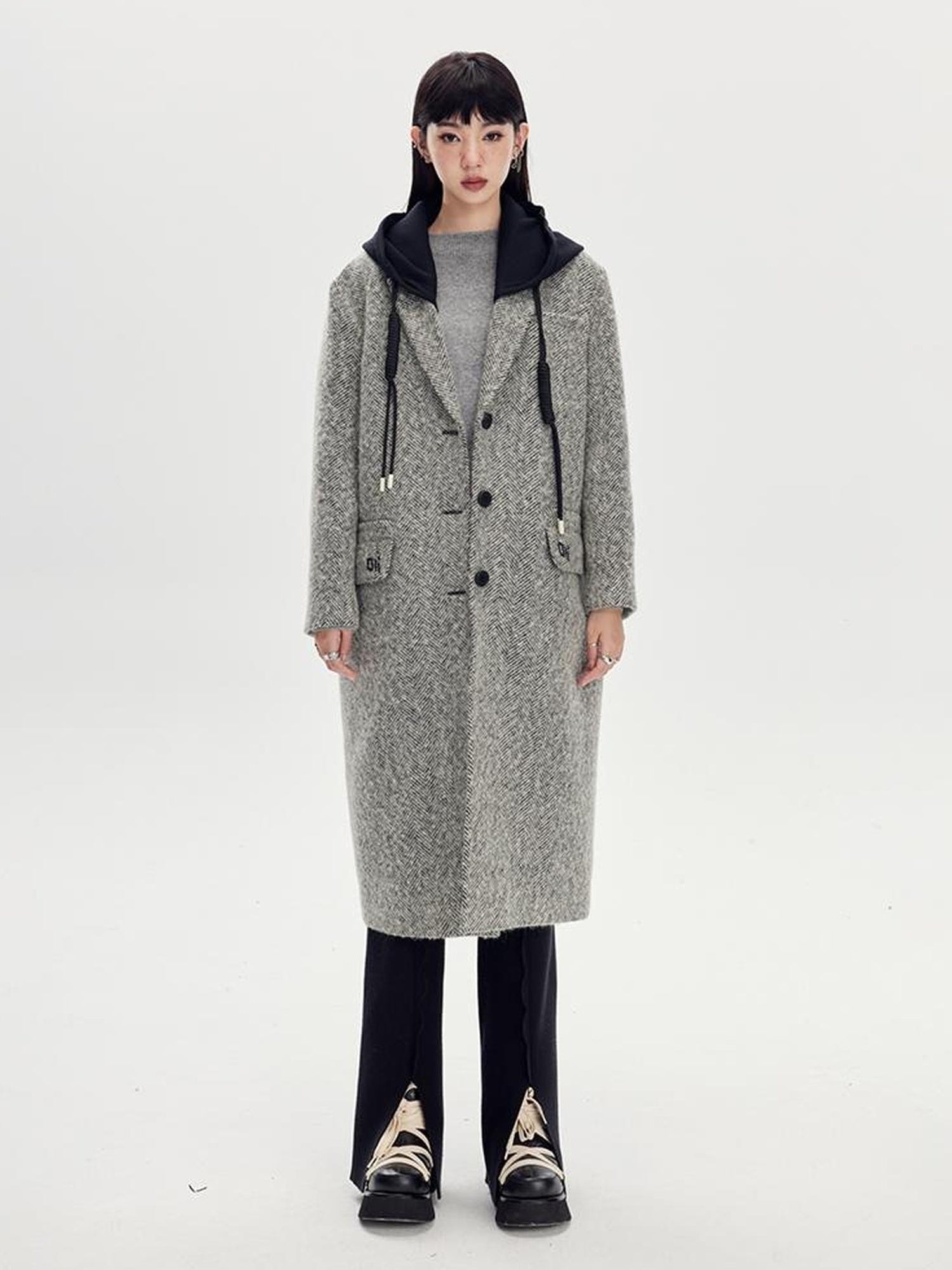 DIDDI MODA Detachable Hood Wool Blend Trench Coat