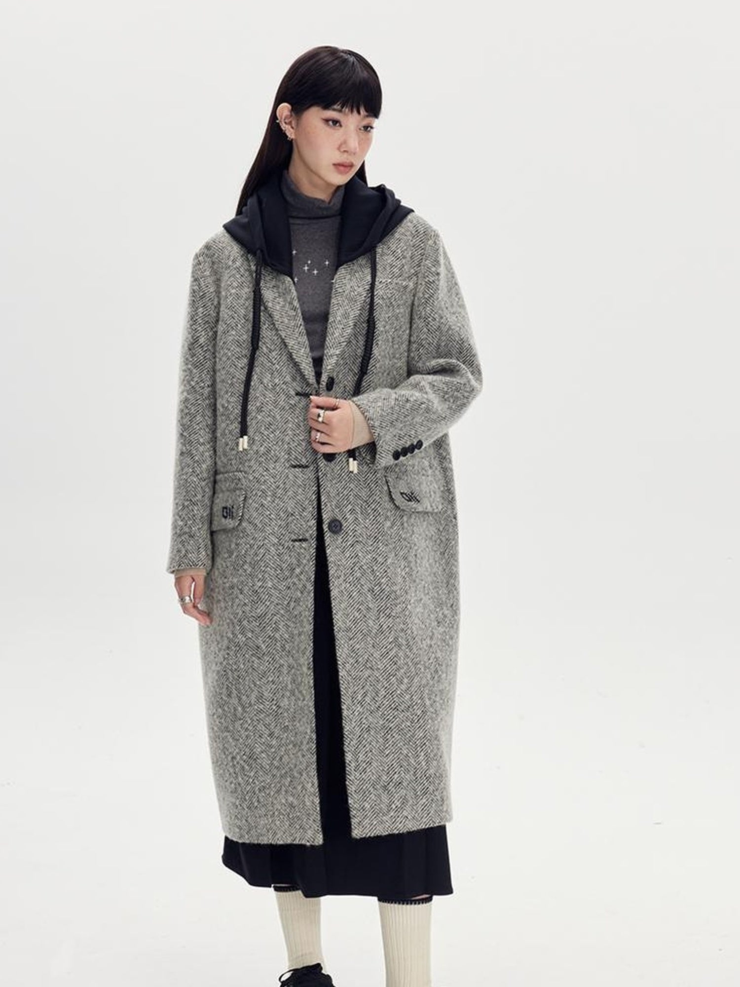 DIDDI MODA Detachable Hood Wool Blend Trench Coat