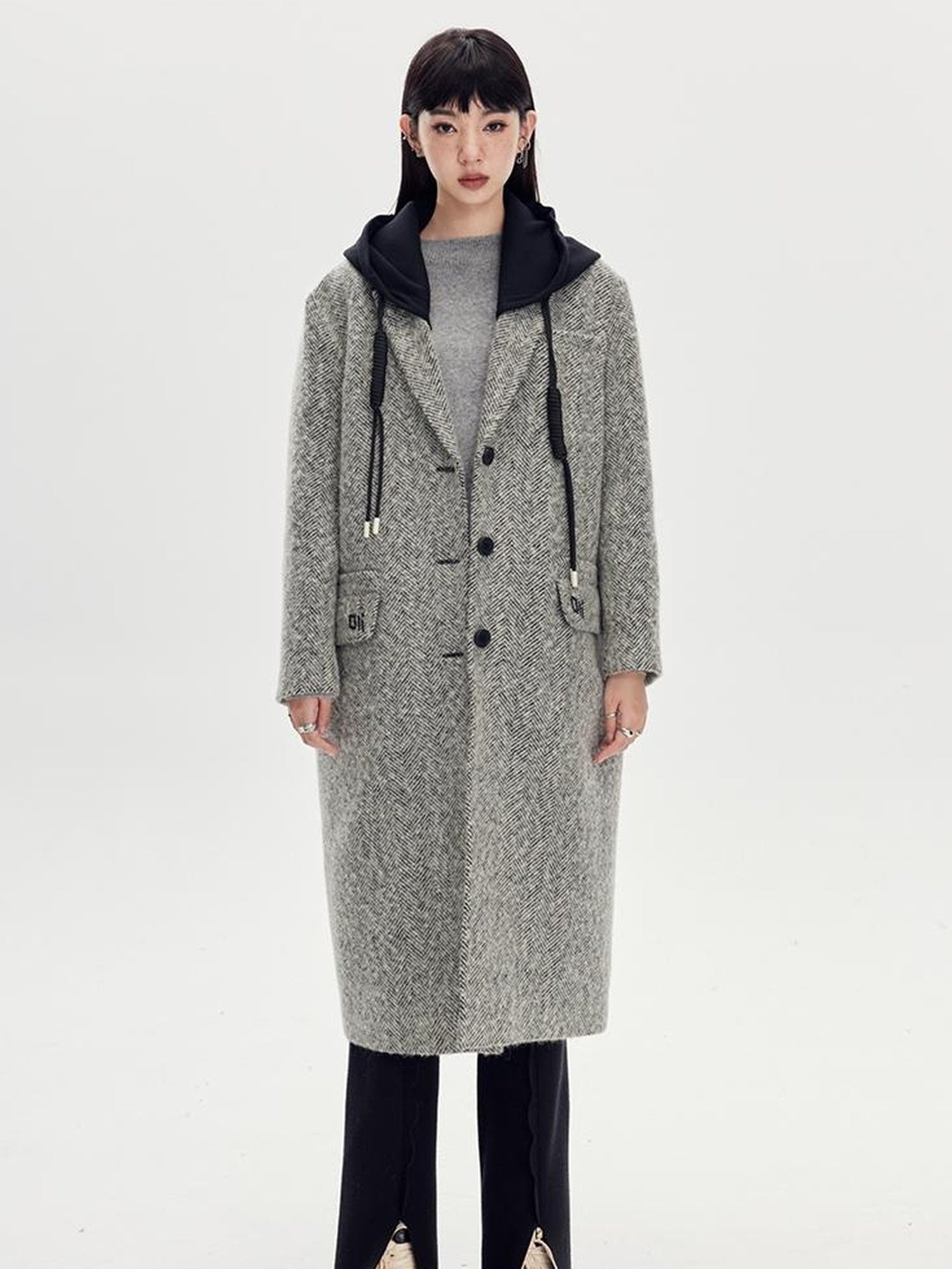 DIDDI MODA Detachable Hood Wool Blend Trench Coat