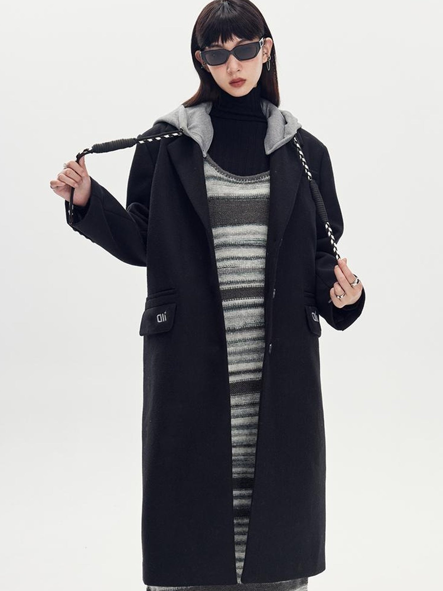 DIDDI MODA Detachable Hood Wool Blend Trench Coat Casual Chic Oversized Blazer