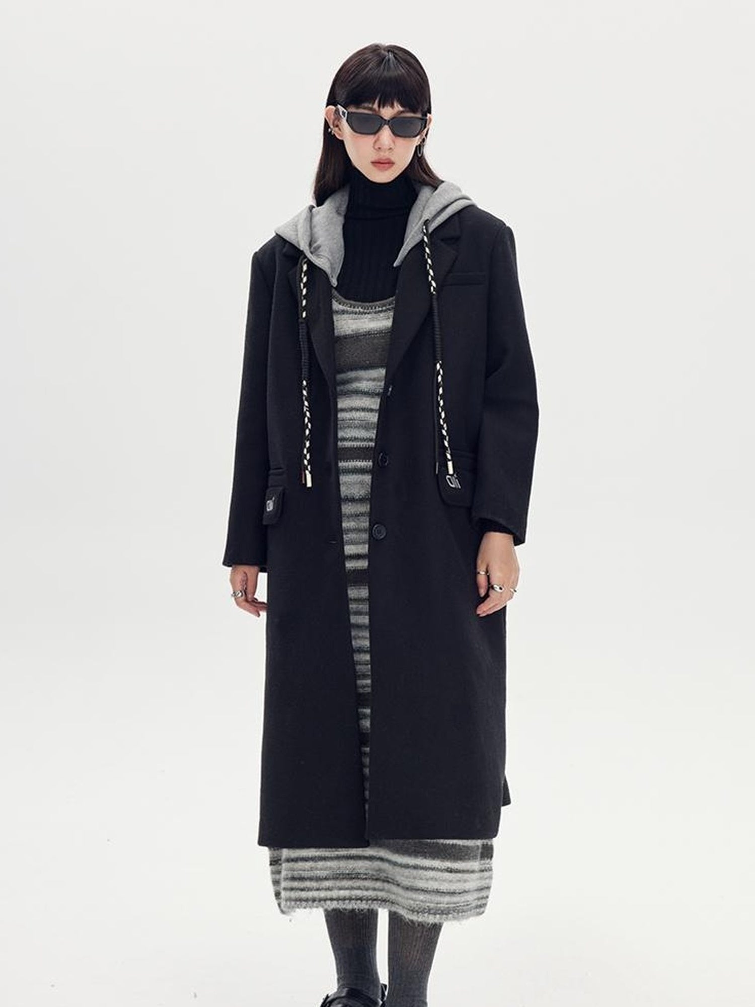 DIDDI MODA Detachable Hood Wool Blend Trench Coat Casual Chic Oversized Blazer