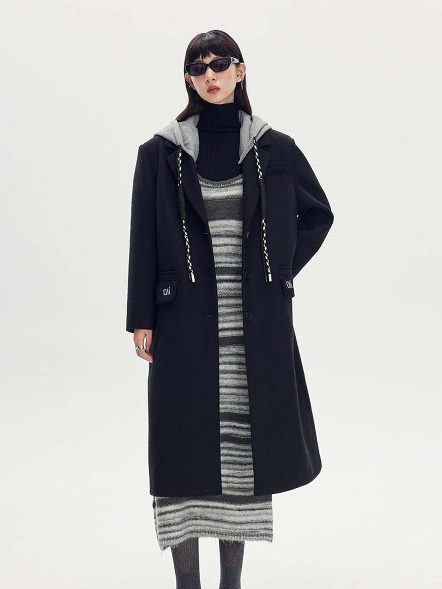 DIDDI MODA Detachable Hood Wool Blend Trench Coat Casual Chic Oversized Blazer