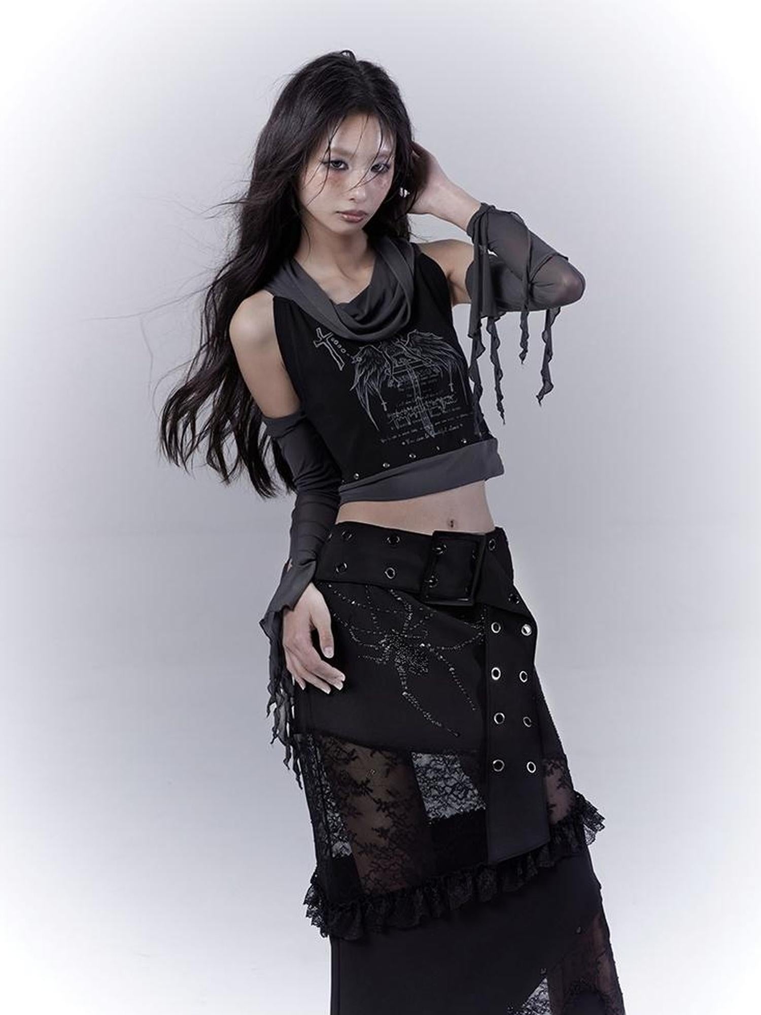 WSW WUSHENWU Detachable Mesh Sleeve Scoop Neck Slim Fit Dark Color Block Vest Tee
