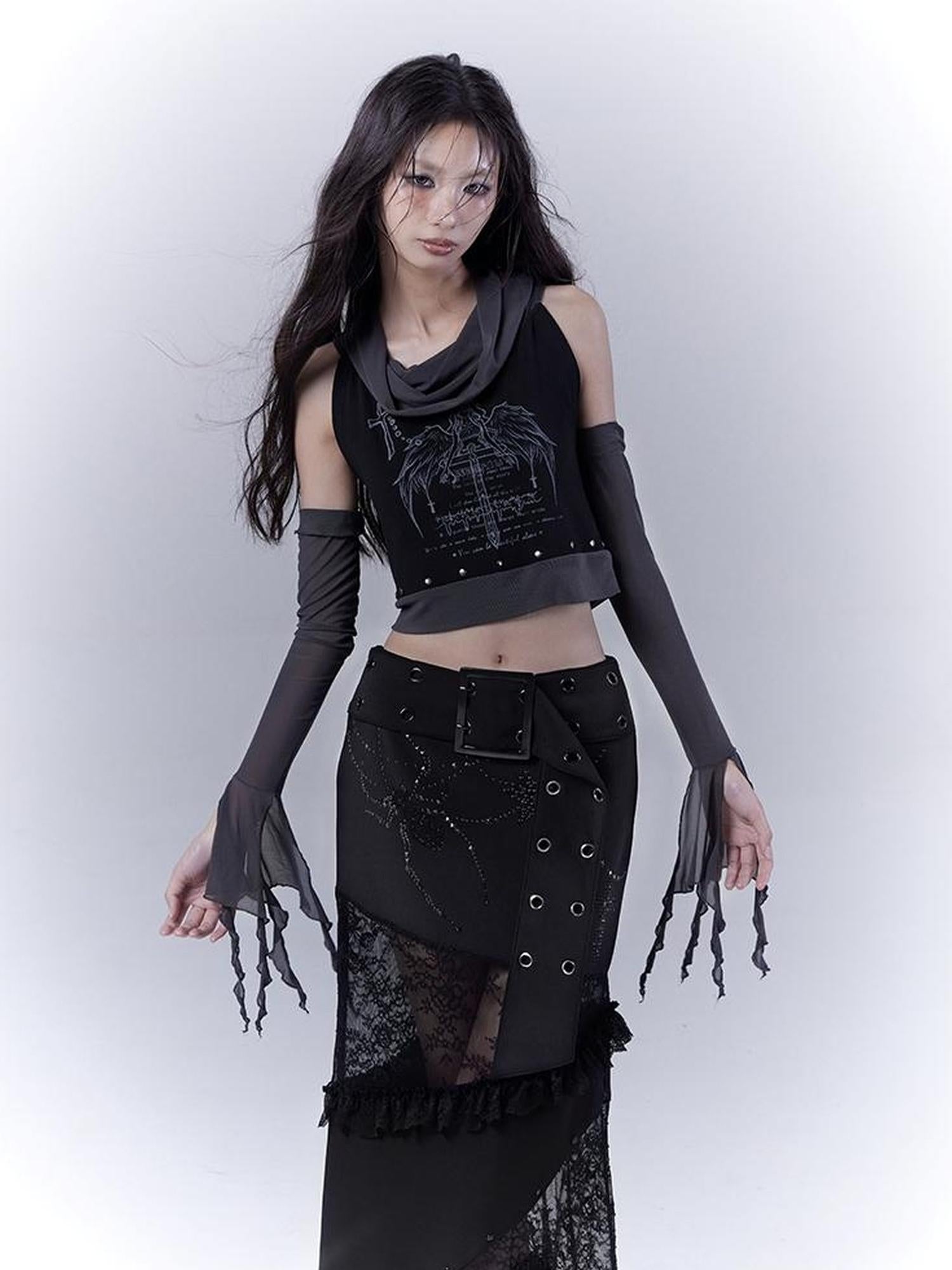 WSW WUSHENWU Detachable Mesh Sleeve Scoop Neck Slim Fit Dark Color Block Vest Tee