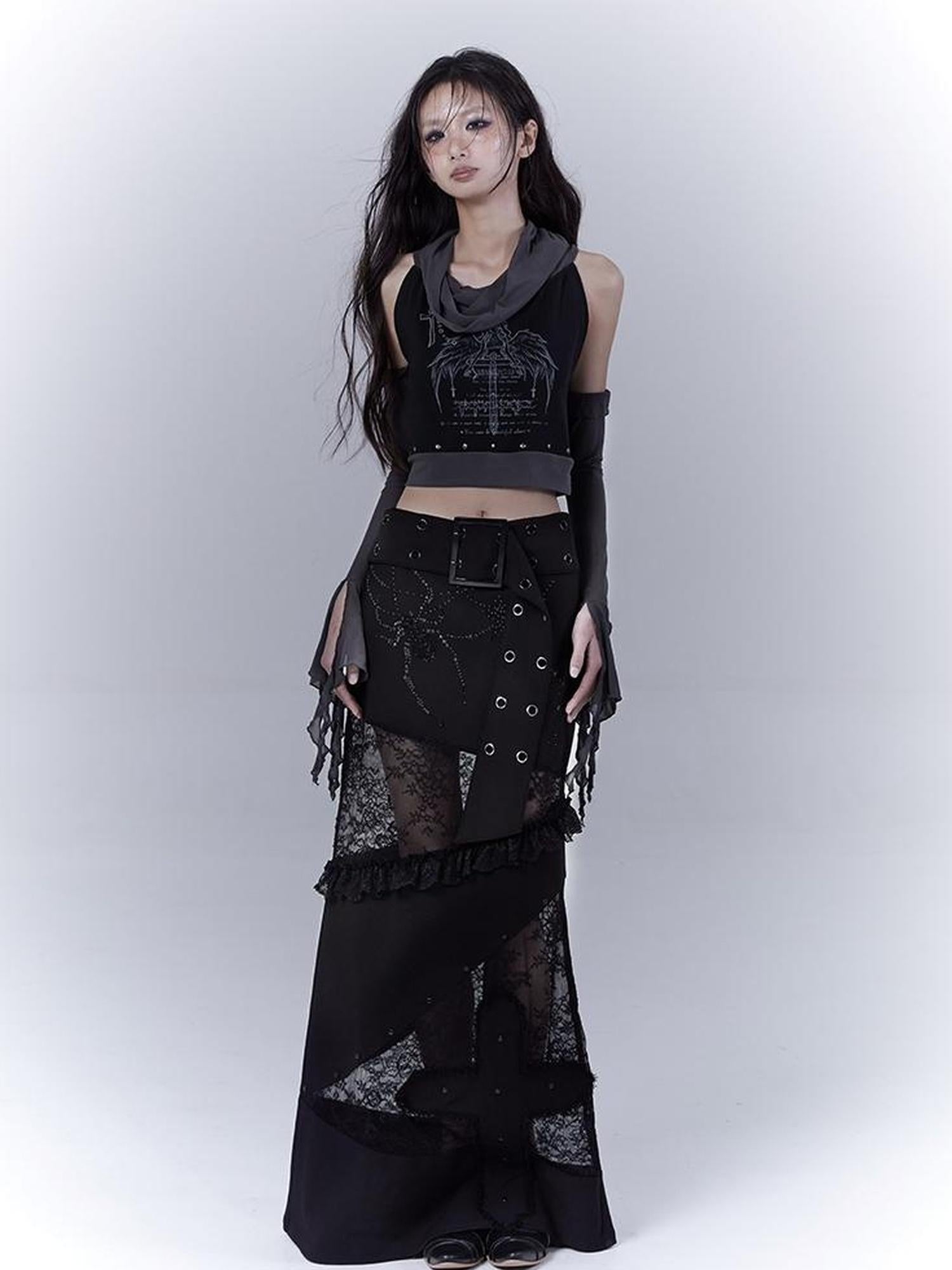 WSW WUSHENWU Detachable Mesh Sleeve Scoop Neck Slim Fit Dark Color Block Vest Tee