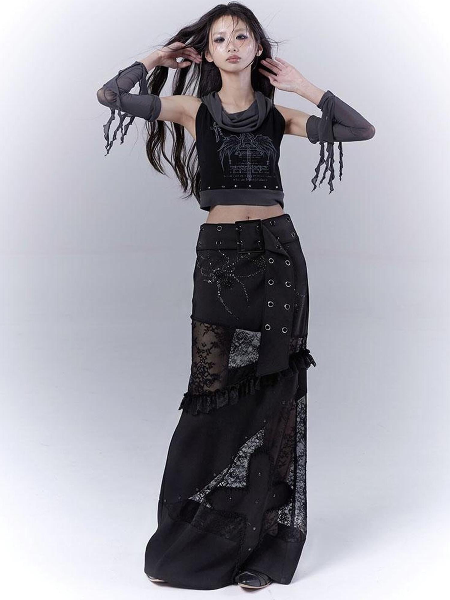 WSW WUSHENWU Detachable Mesh Sleeve Scoop Neck Slim Fit Dark Color Block Vest Tee
