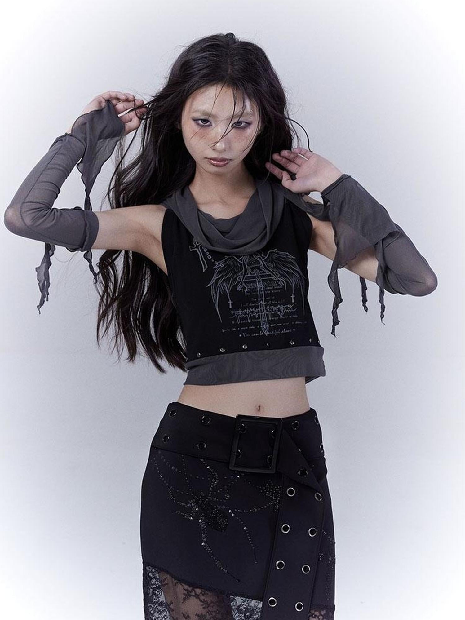 WSW WUSHENWU Detachable Mesh Sleeve Scoop Neck Slim Fit Dark Color Block Vest Tee