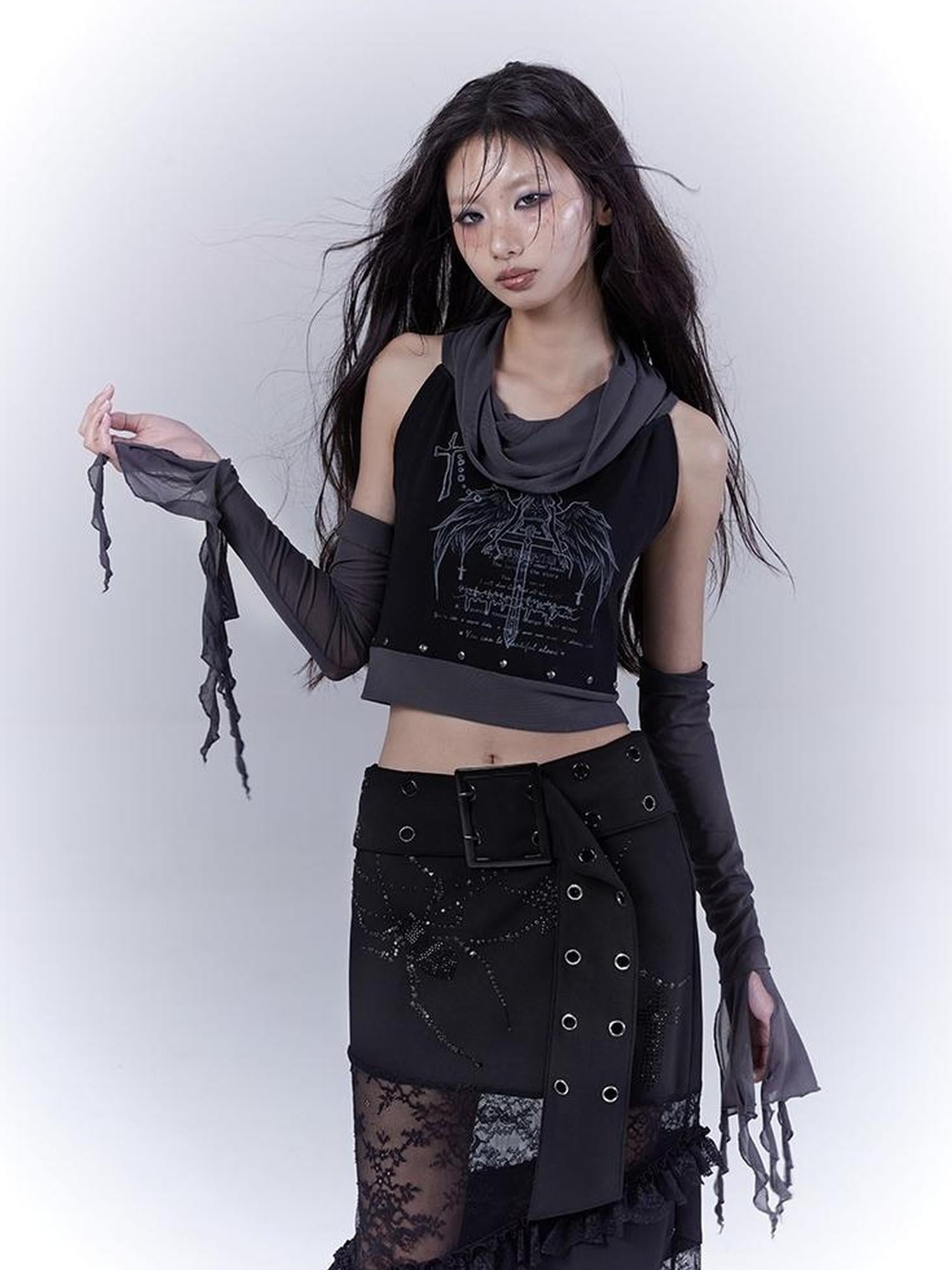 WSW WUSHENWU Detachable Mesh Sleeve Scoop Neck Slim Fit Dark Color Block Vest Tee