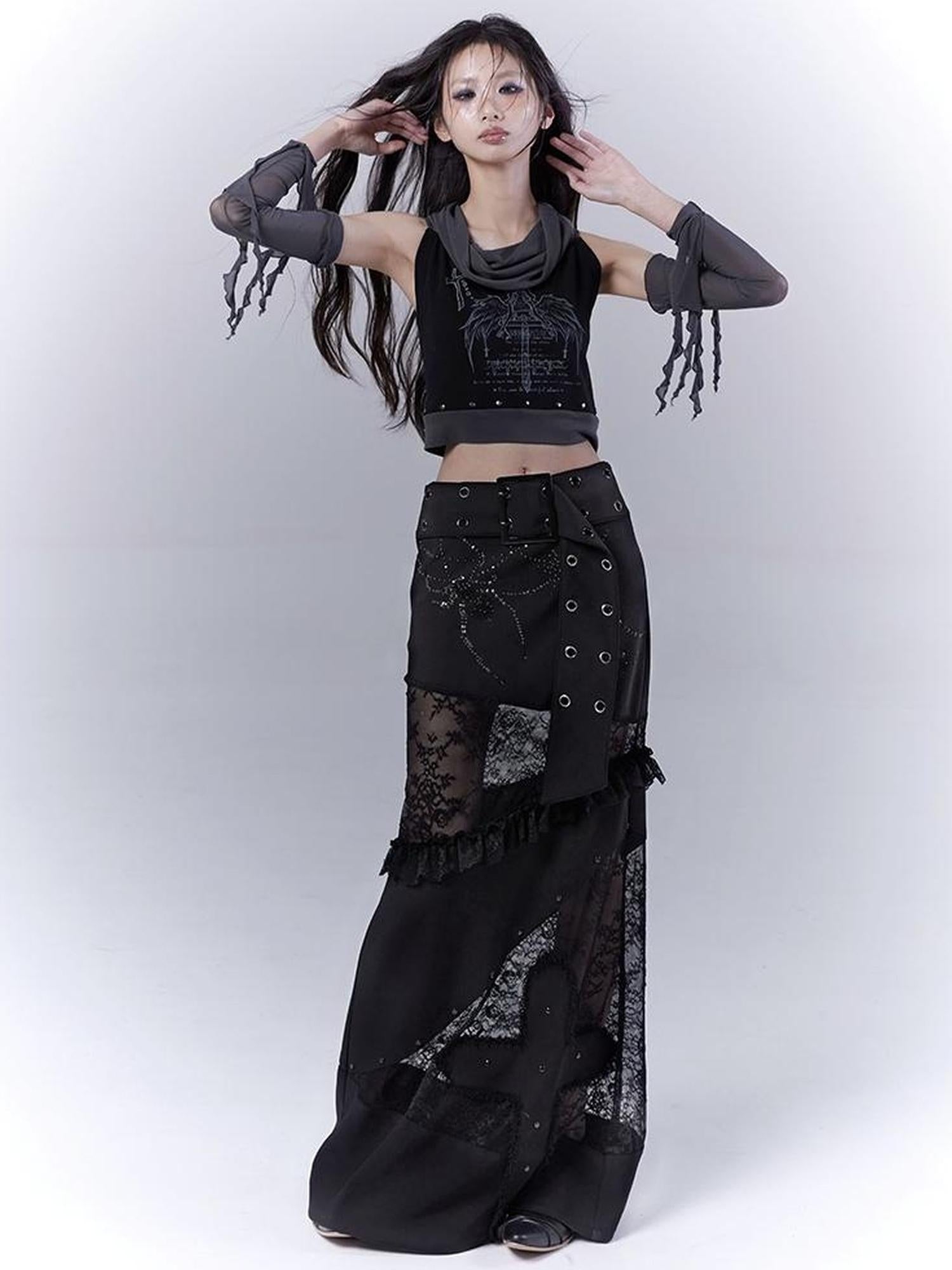 WSW WUSHENWU Detachable Mesh Sleeve Scoop Neck Slim Fit Dark Color Block Vest Tee