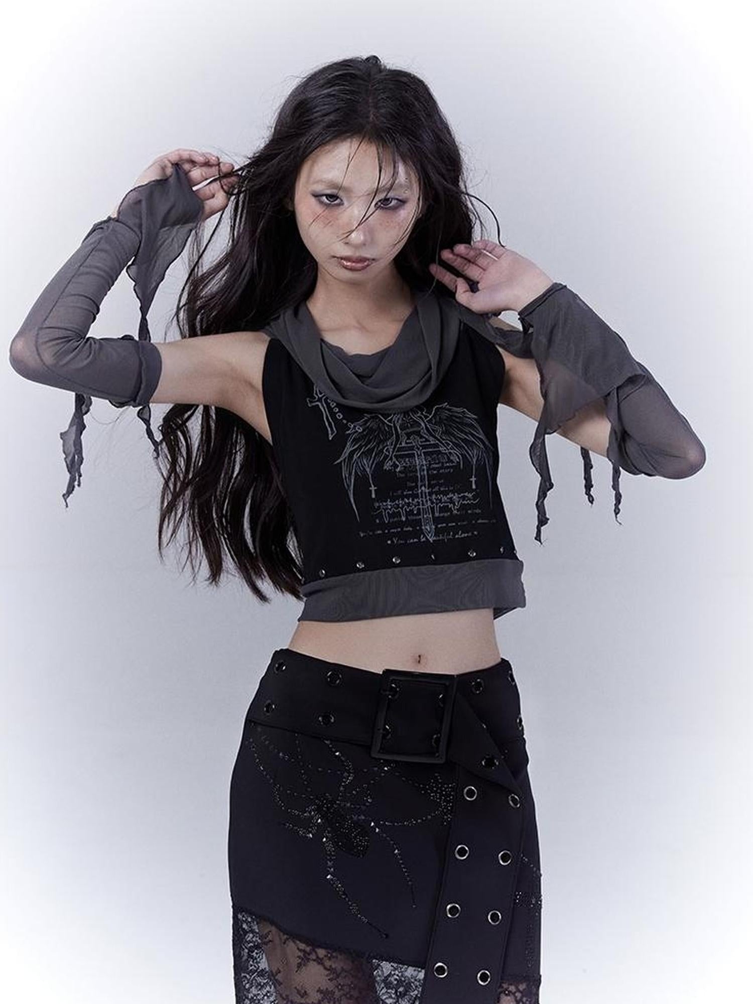 WSW WUSHENWU Detachable Mesh Sleeve Scoop Neck Slim Fit Dark Color Block Vest Tee