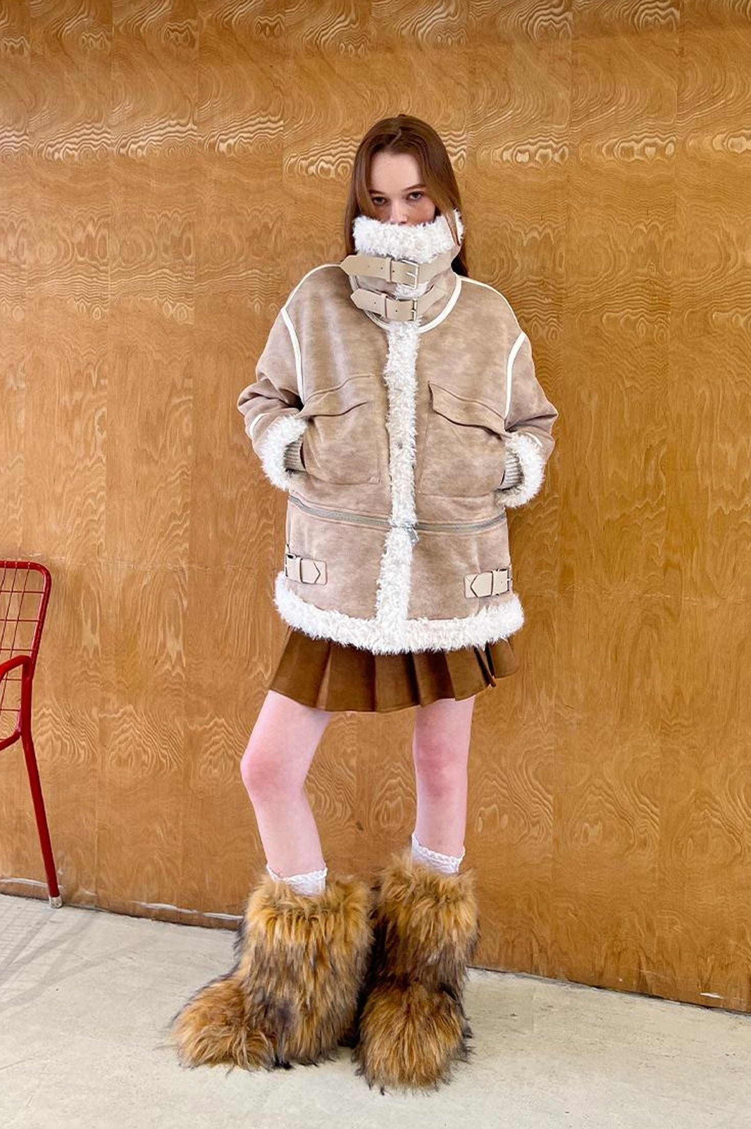 DIDDI MODA Detachable Reversible Faux Leather Shearling Coat With Oversized Collar