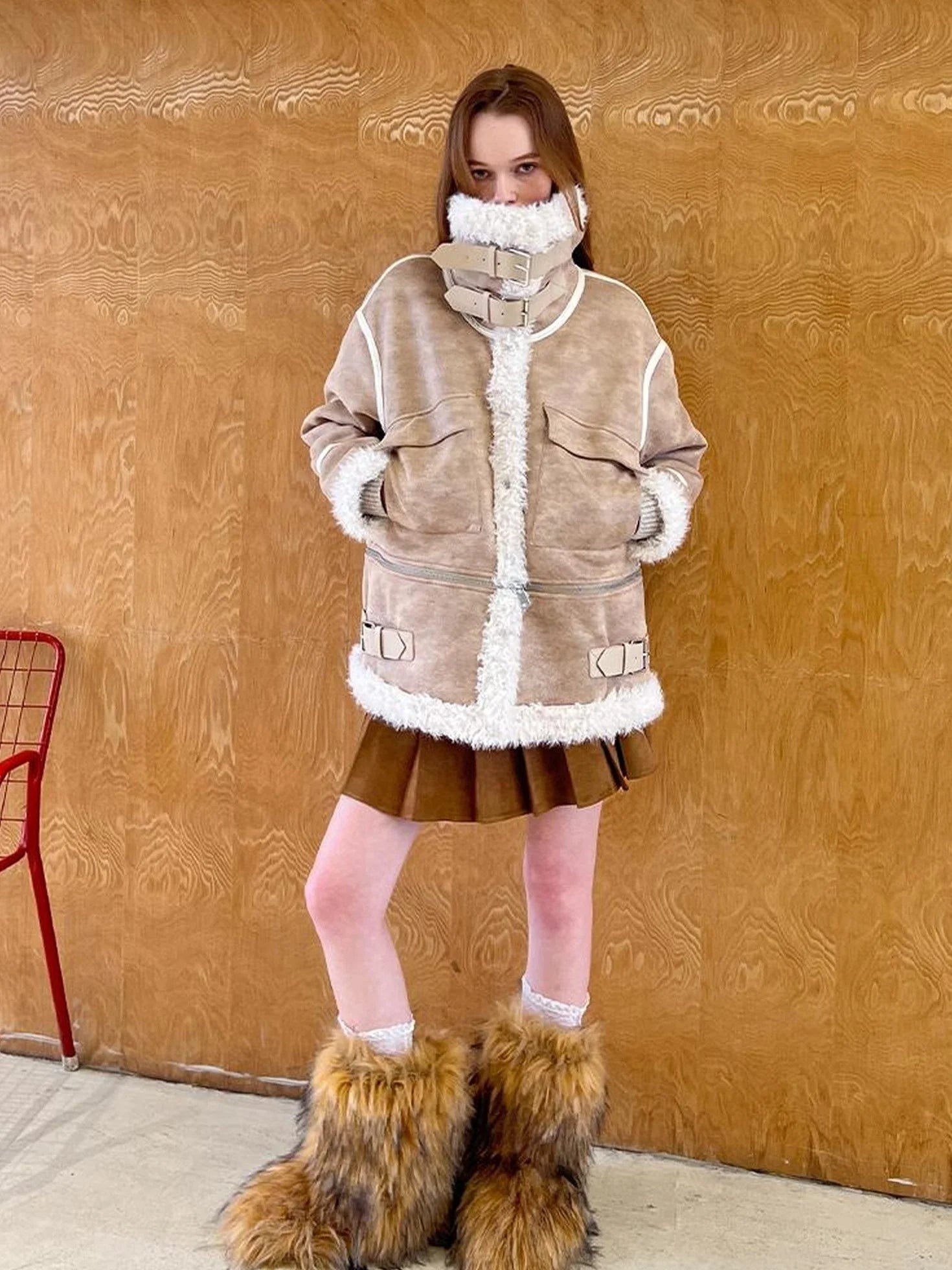 Detachable Reversible Faux Leather Shearling Coat With Oversized Collar