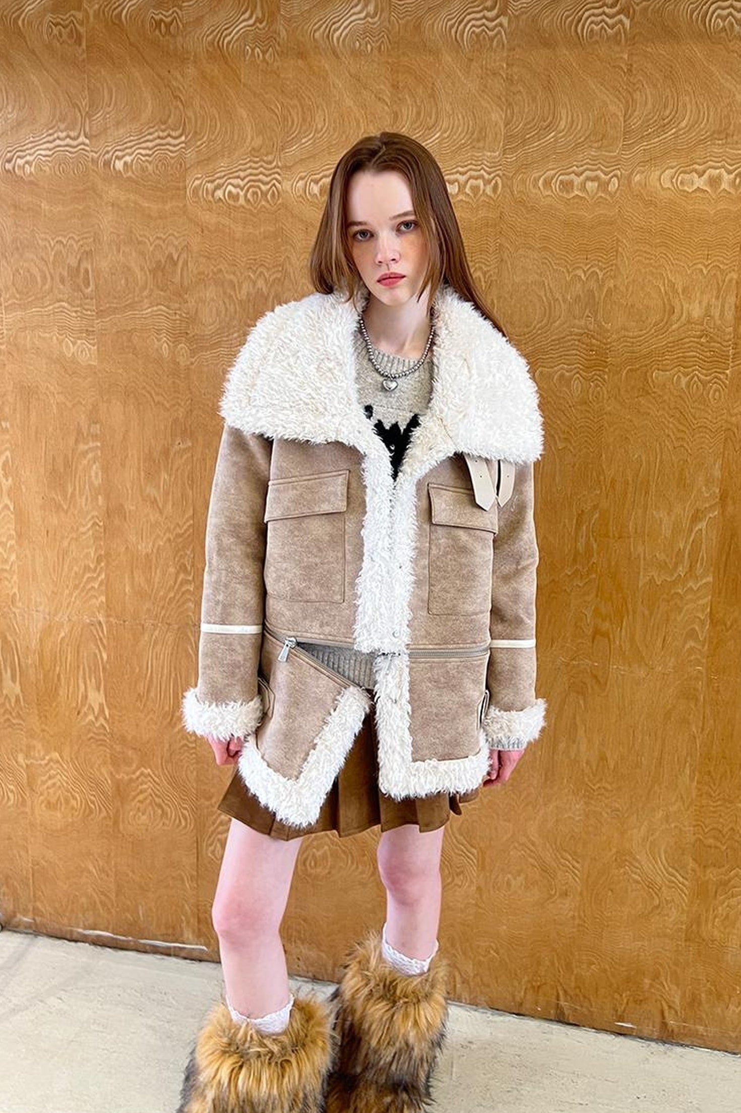 DIDDI MODA Detachable Reversible Faux Leather Shearling Coat With Oversized Collar