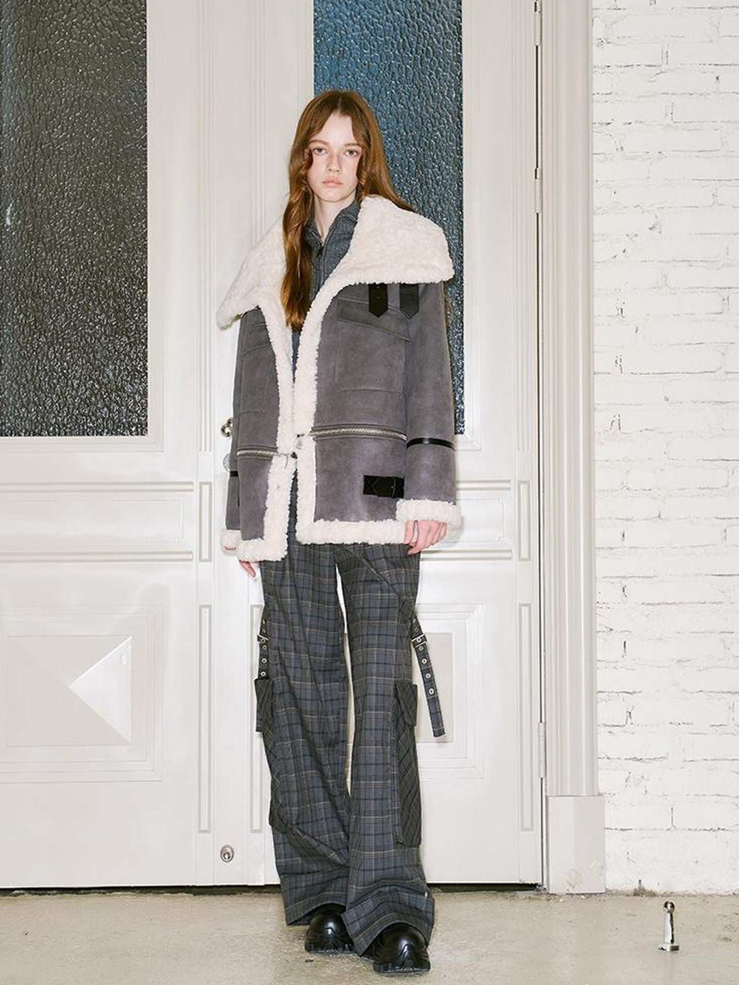 DIDDI MODA Detachable Reversible Faux Leather Shearling Coat With Oversized Collar