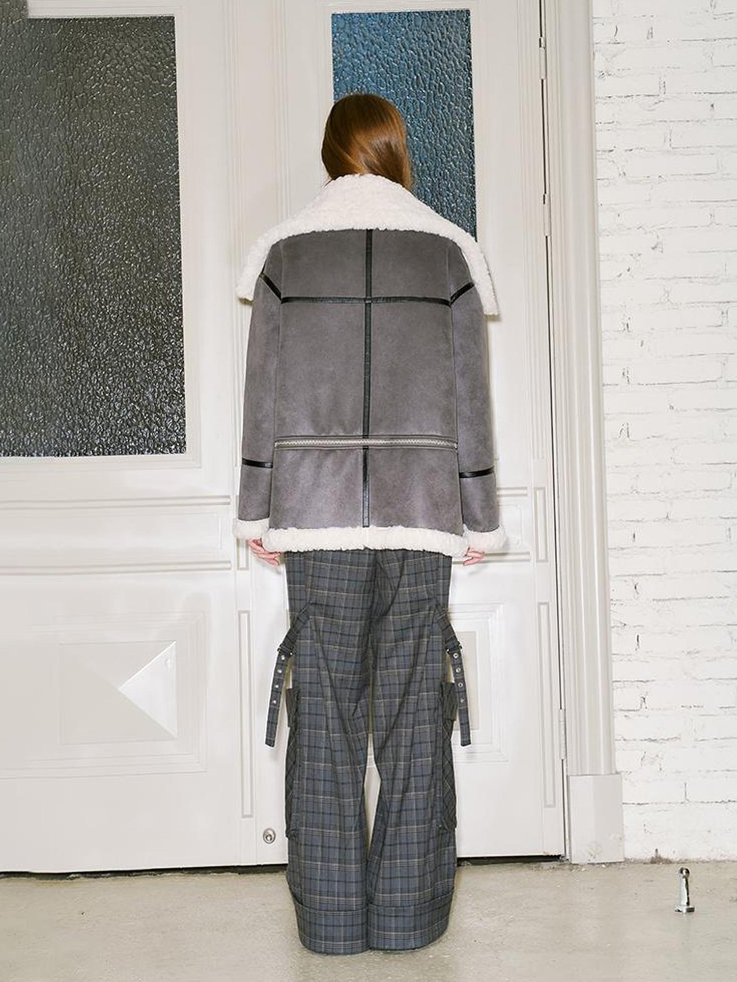 DIDDI MODA Detachable Reversible Faux Leather Shearling Coat With Oversized Collar