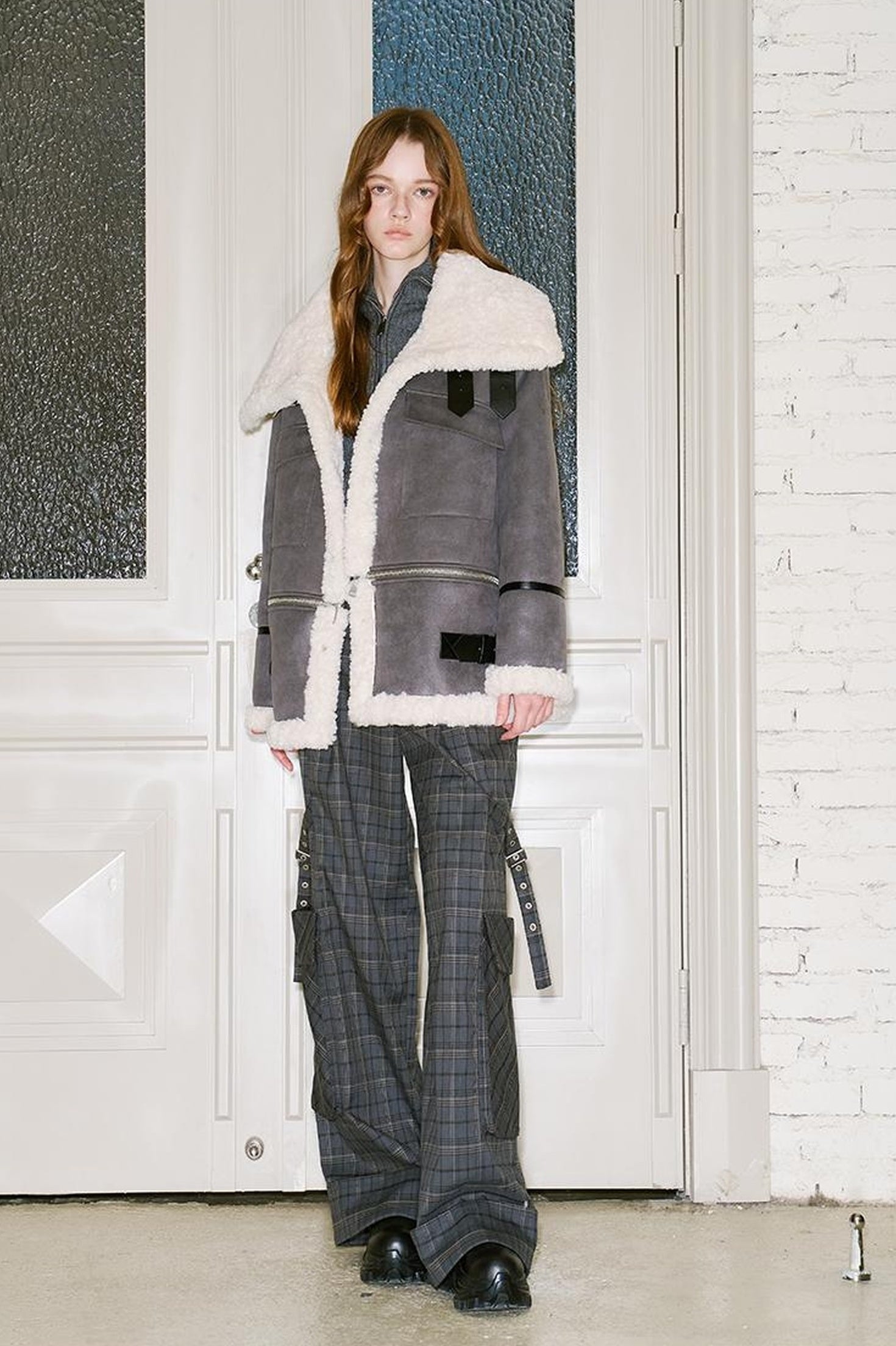 DIDDI MODA Detachable Reversible Faux Leather Shearling Coat With Oversized Collar