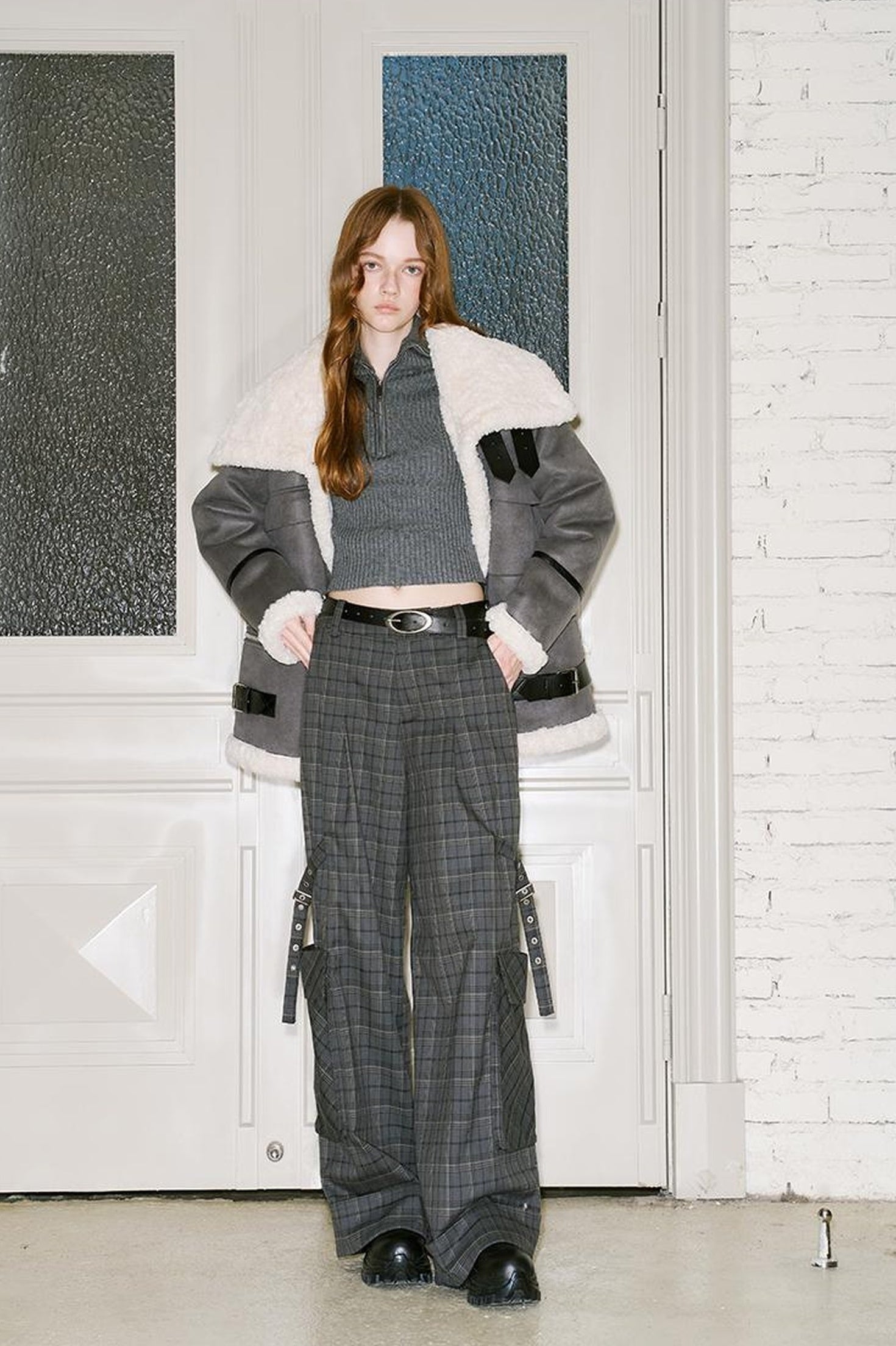 DIDDI MODA Detachable Reversible Faux Leather Shearling Coat With Oversized Collar