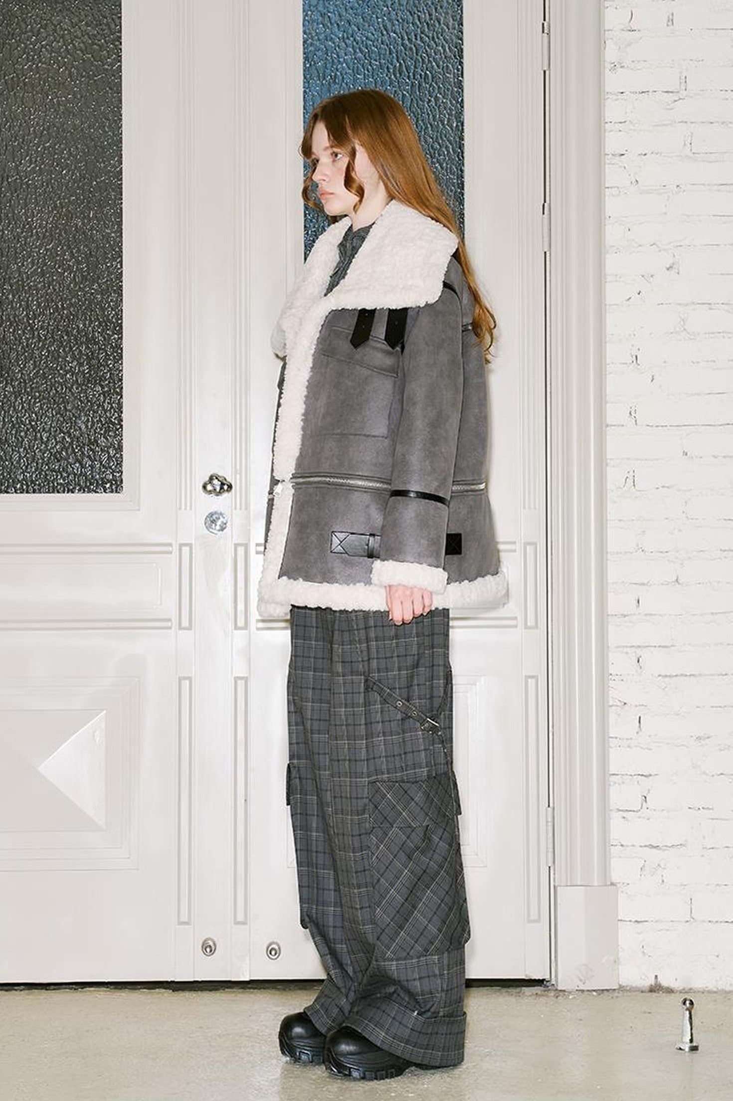 DIDDI MODA Detachable Reversible Faux Leather Shearling Coat With Oversized Collar