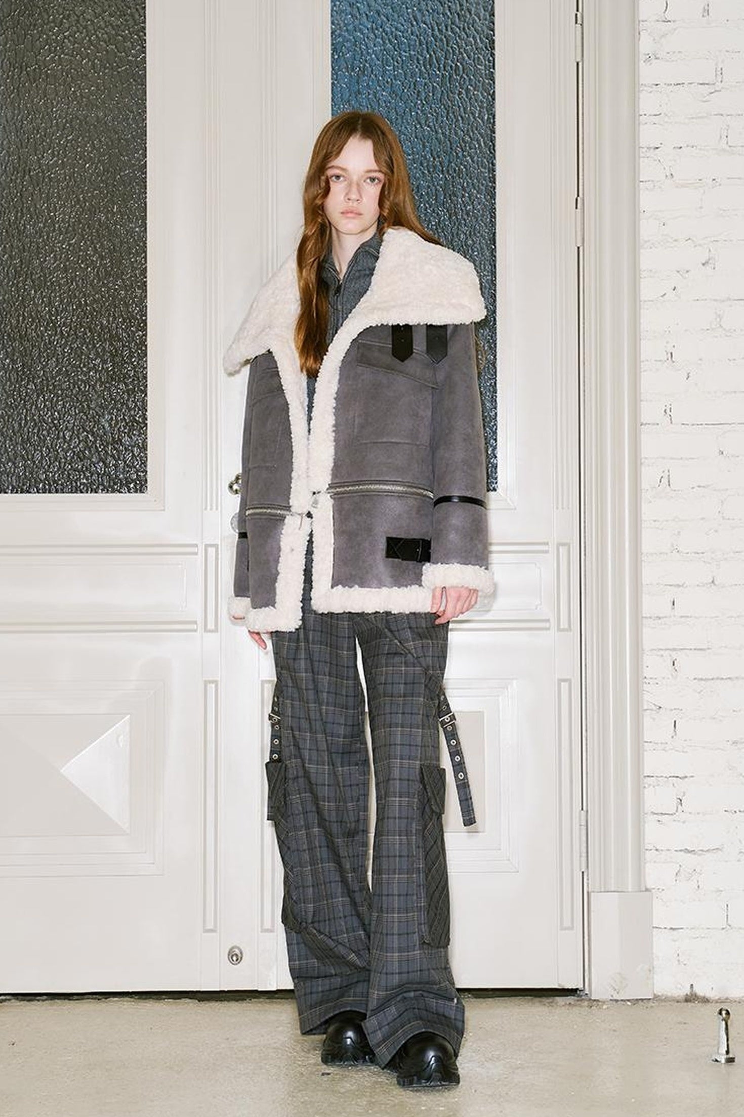 DIDDI MODA Detachable Reversible Faux Leather Shearling Coat With Oversized Collar