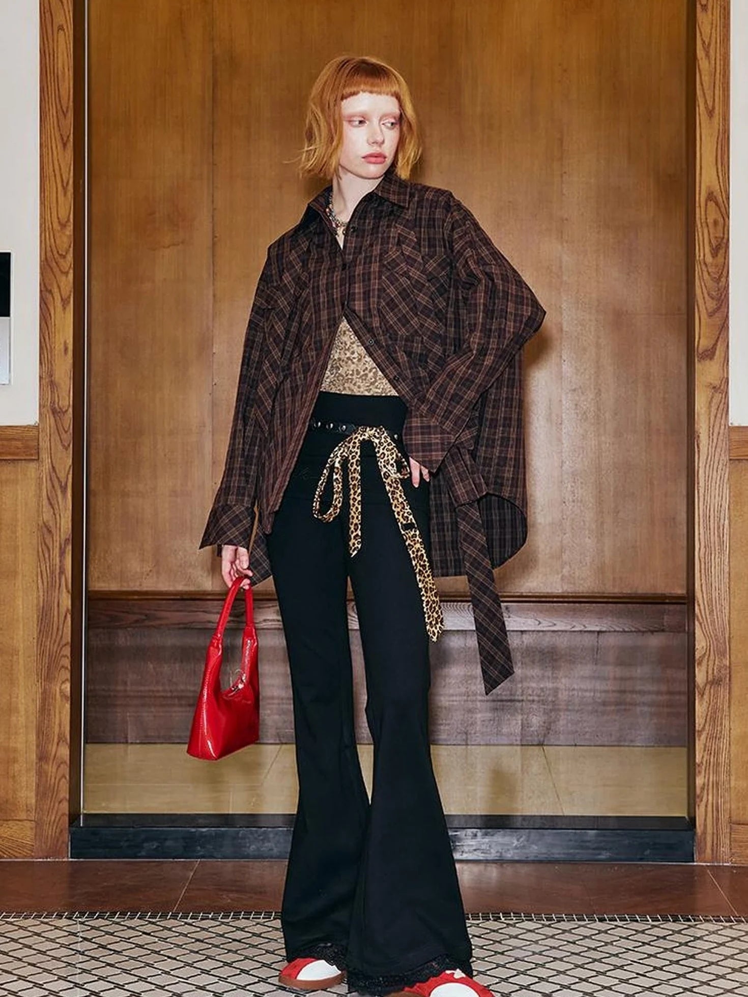 Detachable Tie Plaid Shirt Loose Fit Autumn Casual