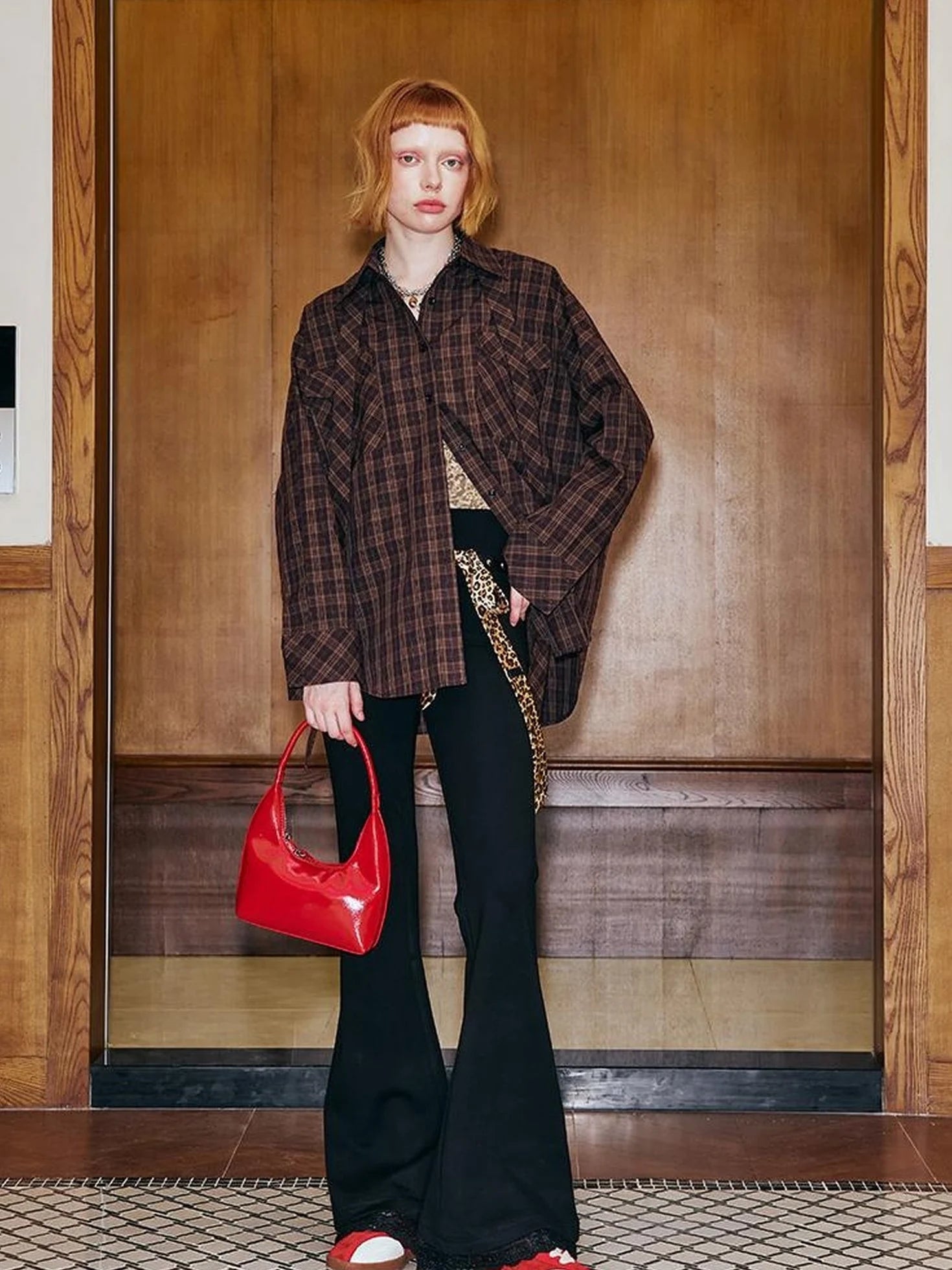 Detachable Tie Plaid Shirt Loose Fit Autumn Casual