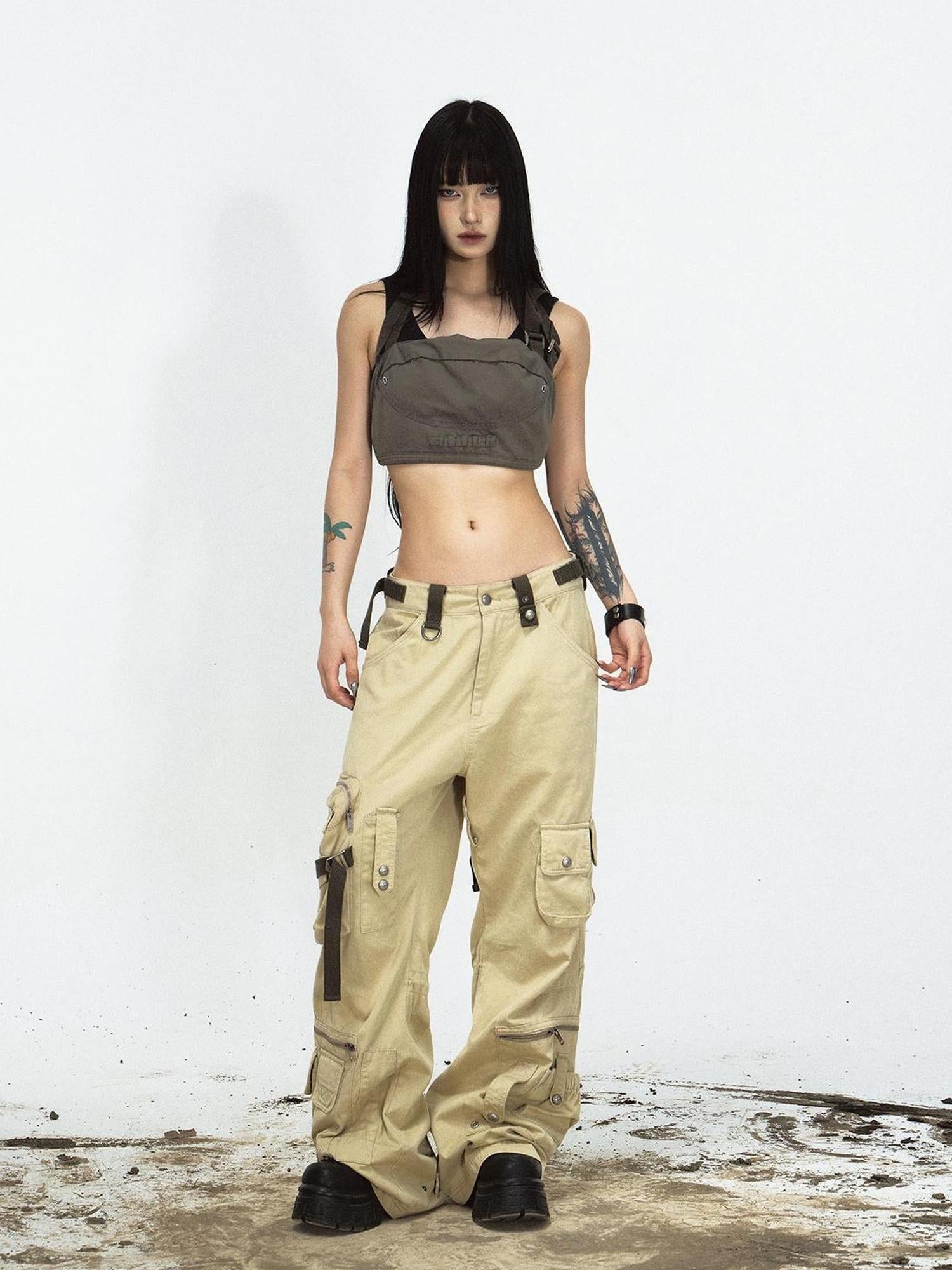 Peoplesense Detachable Utility Cargo Pants Loose Fit Cotton Khaki AW24