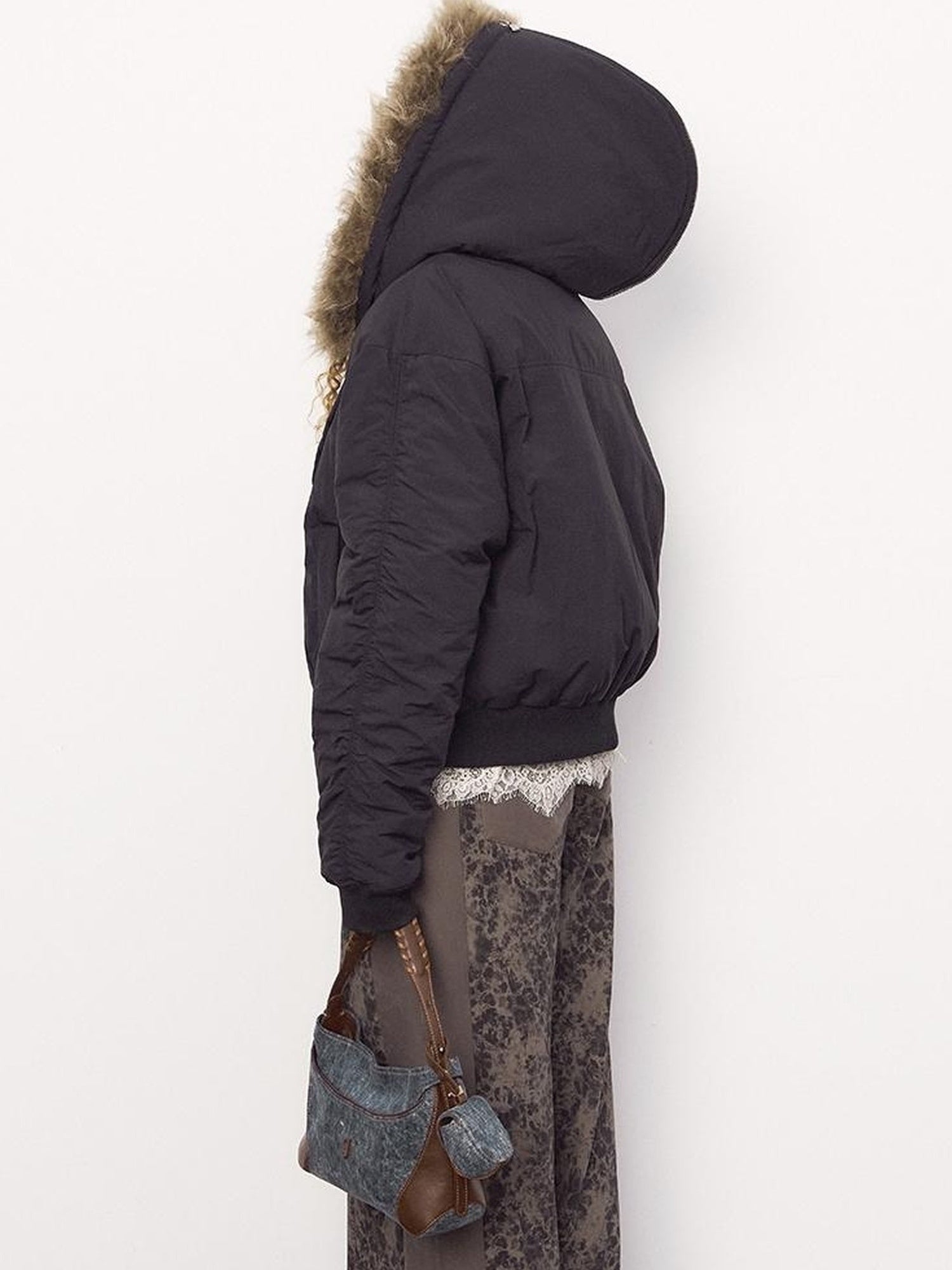 DIDDI MODA Detachable Zip Cape Hooded Short Puffer Jacket