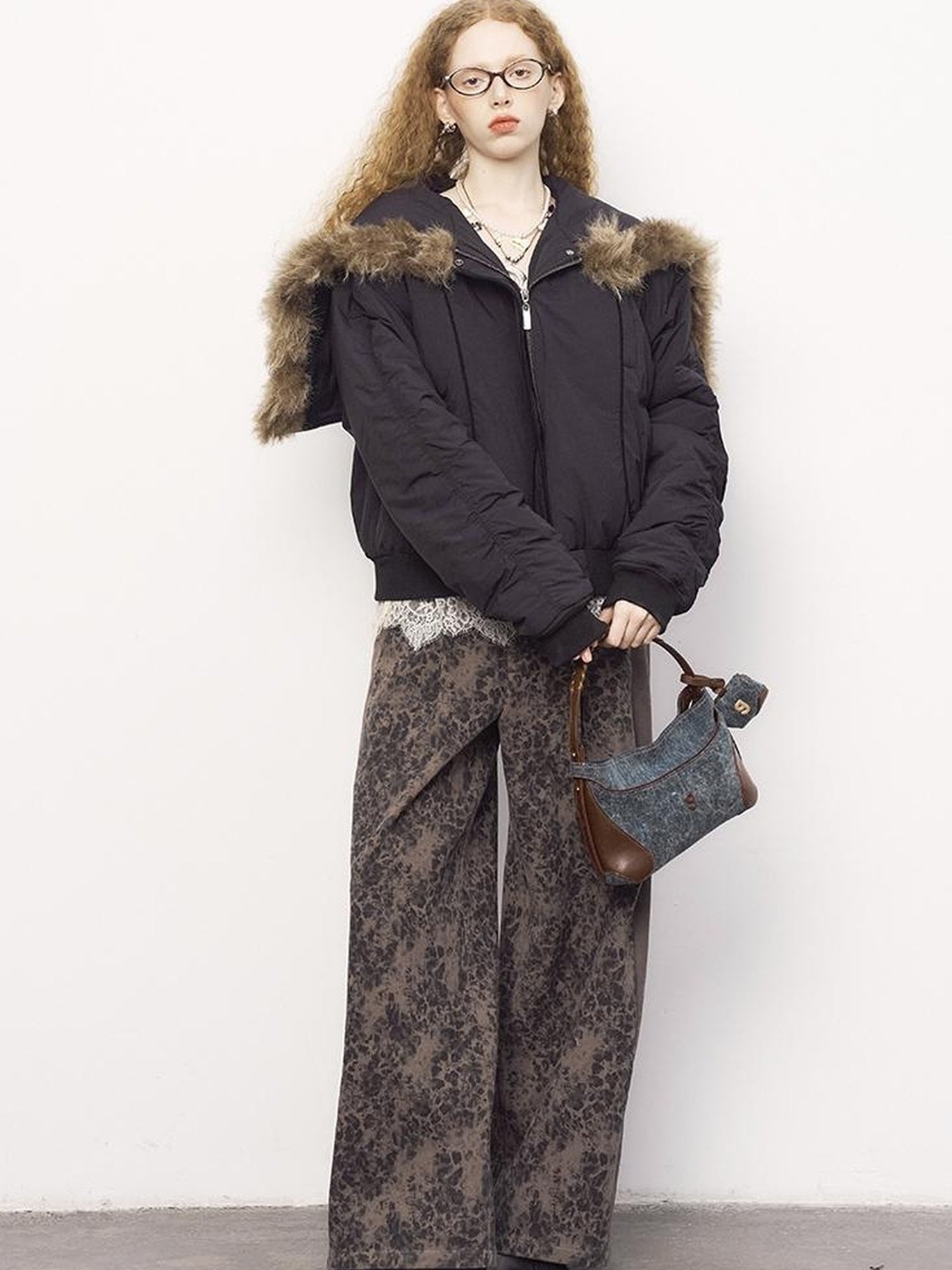 DIDDI MODA Detachable Zip Cape Hooded Short Puffer Jacket