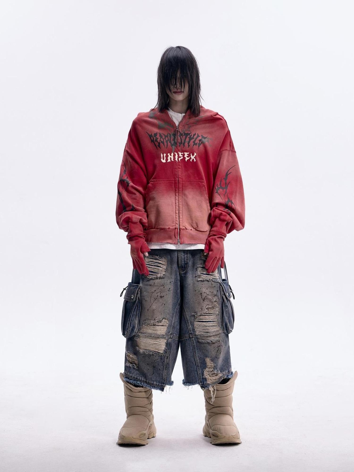 Peoplesense Dirty Dye Mask Detachable Glove Hooded Cotton Sweatshirt