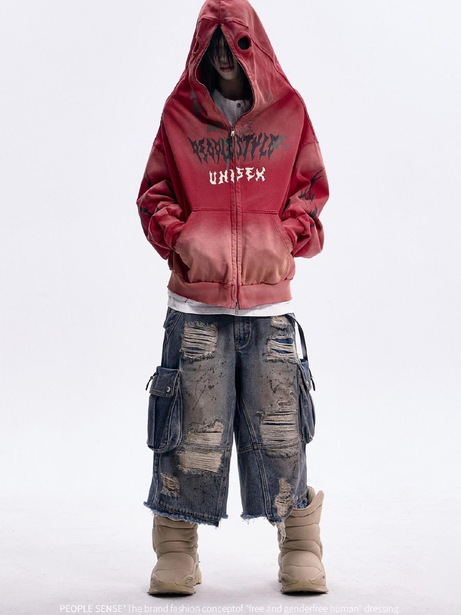 Peoplesense Dirty Dye Mask Detachable Glove Hooded Cotton Sweatshirt