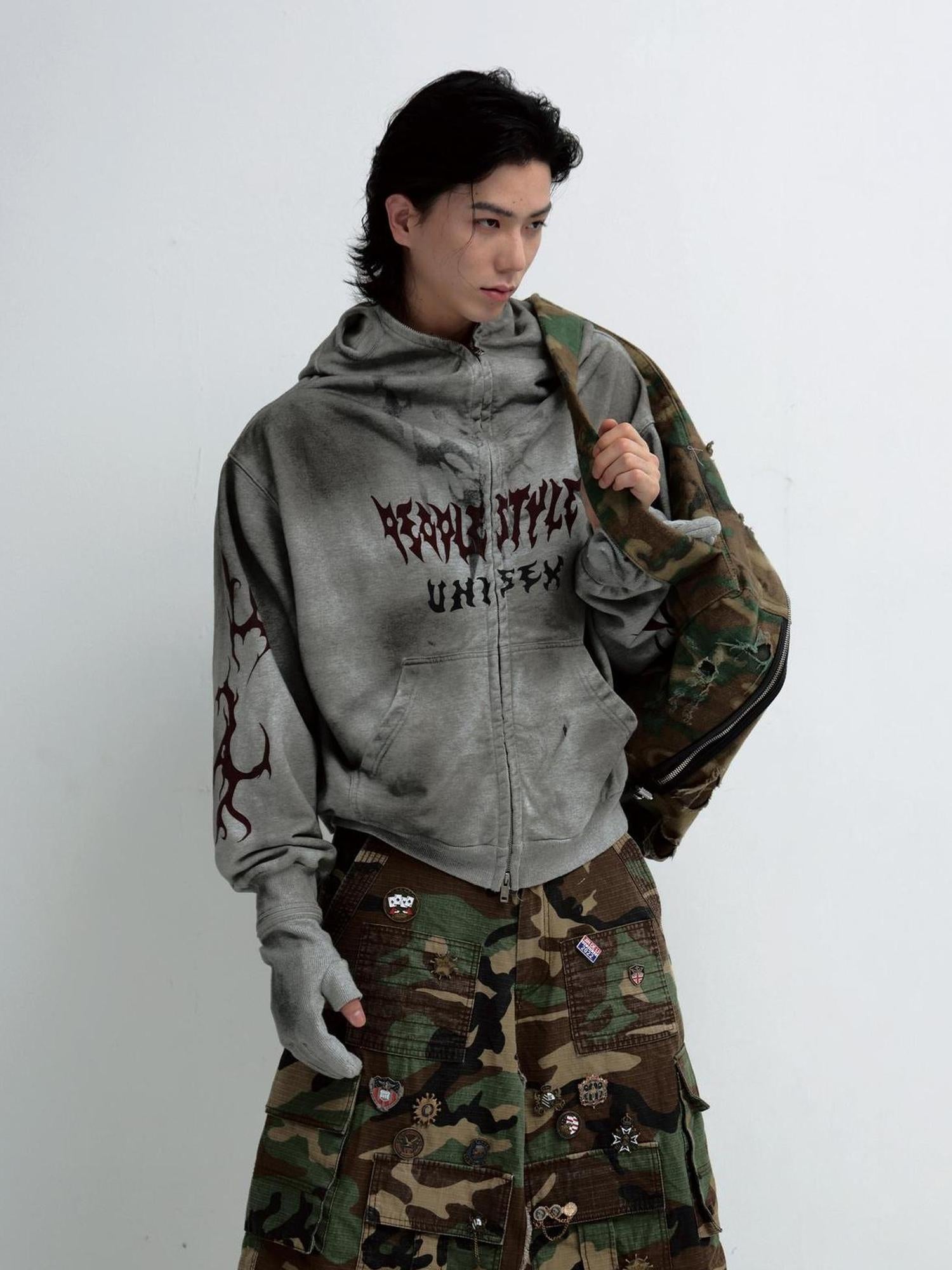 Dirty Wash Detachable Hoodie Distressed Oversized Sweatshirt