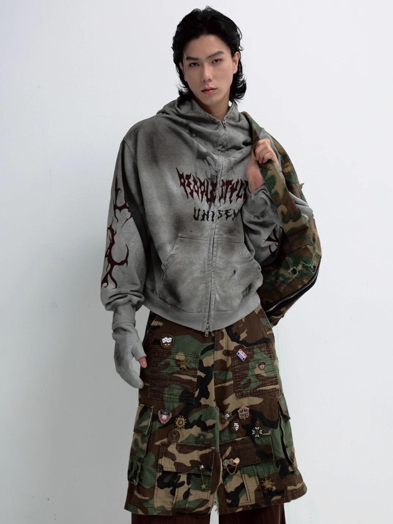 Dirty Wash Detachable Hoodie Distressed Oversized Sweatshirt