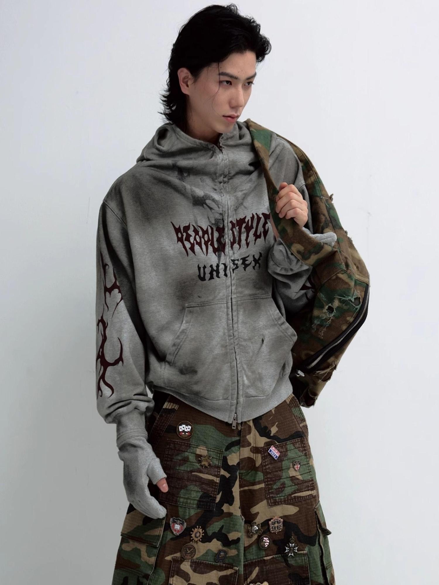Dirty Wash Detachable Hoodie Distressed Oversized Sweatshirt