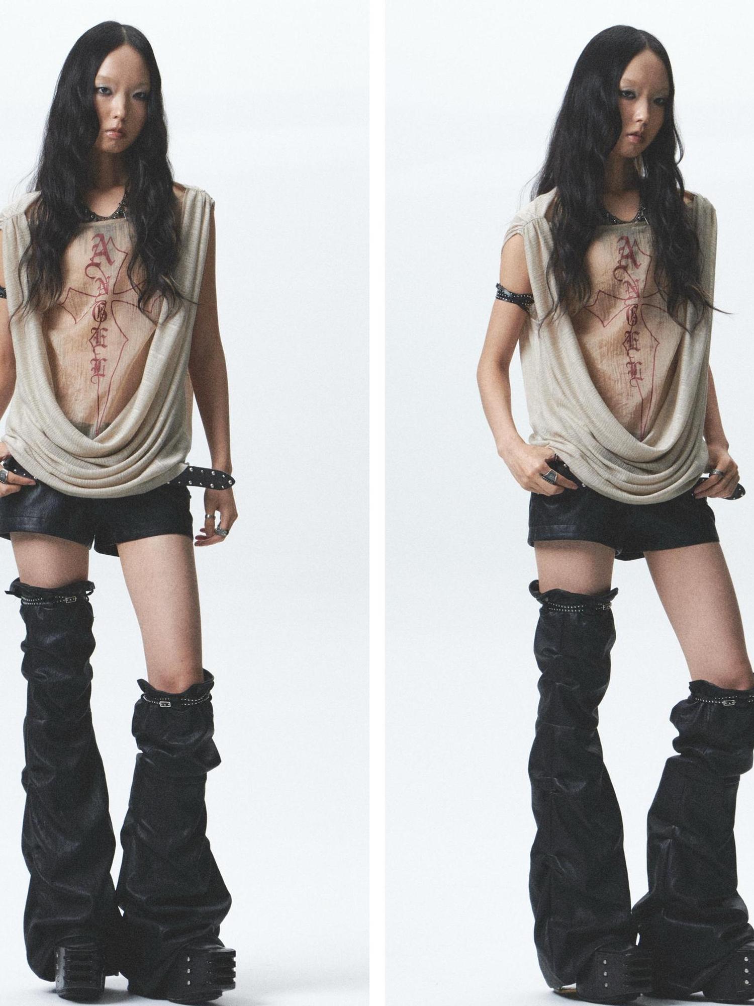 NONAME SPACE Distressed Asymmetrical Shorts With Detachable Leg Warmers And Belt