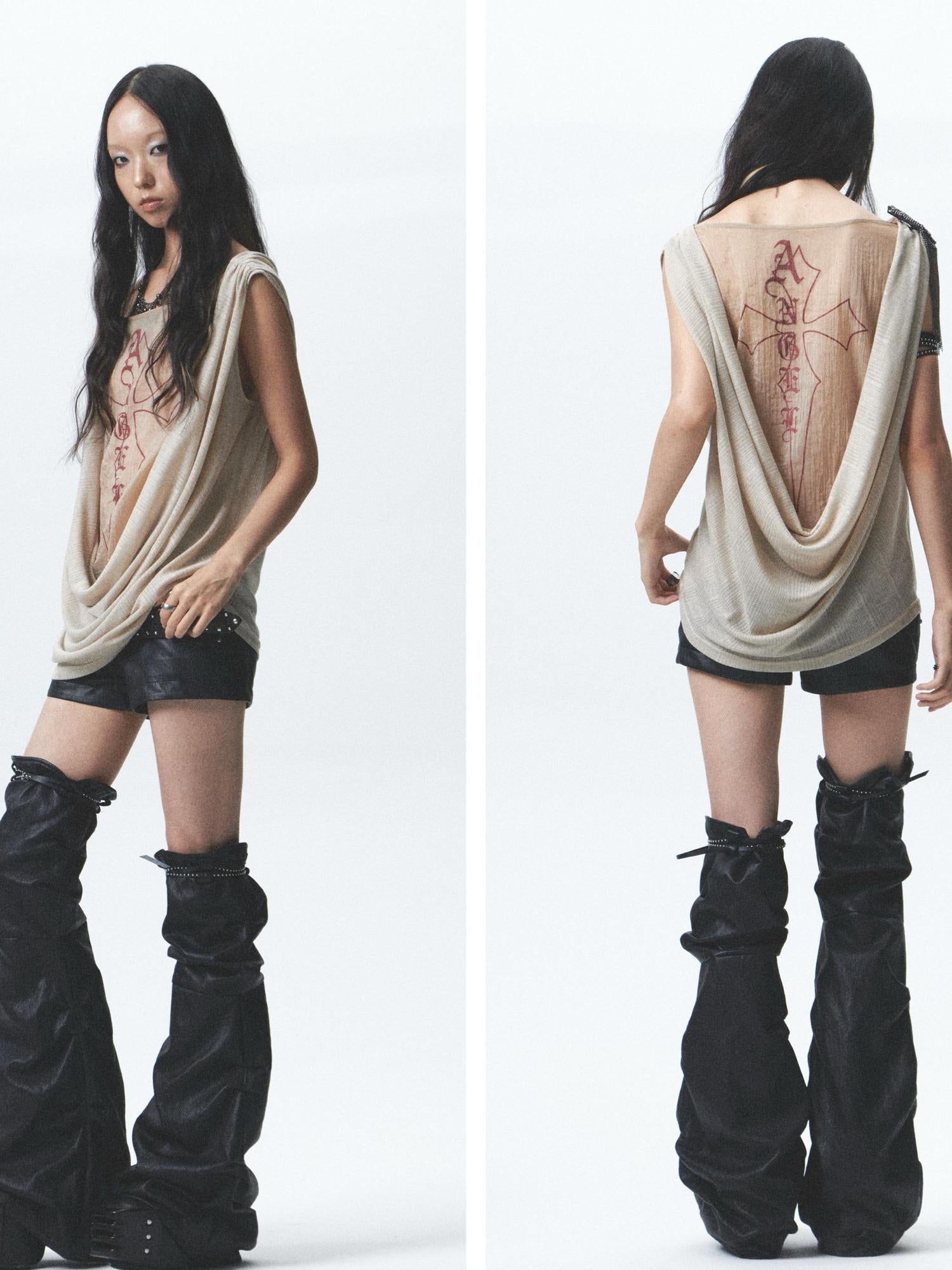 NONAME SPACE Distressed Asymmetrical Shorts With Detachable Leg Warmers And Belt