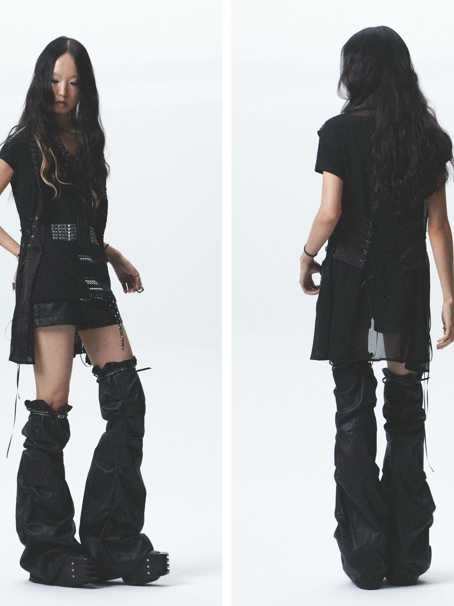 NONAME SPACE Distressed Asymmetrical Shorts With Detachable Leg Warmers And Belt