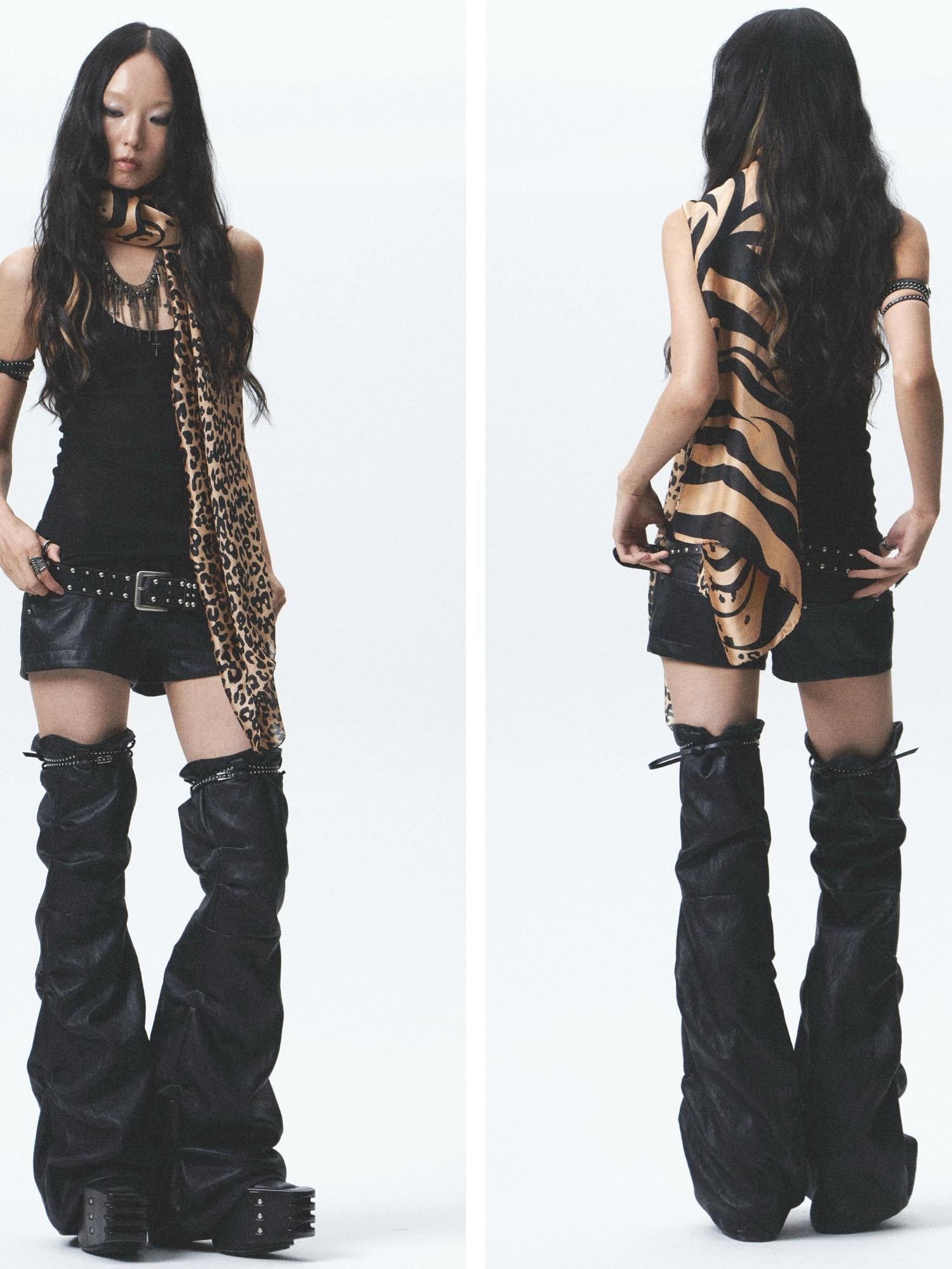 NONAME SPACE Distressed Asymmetrical Shorts With Detachable Leg Warmers And Belt